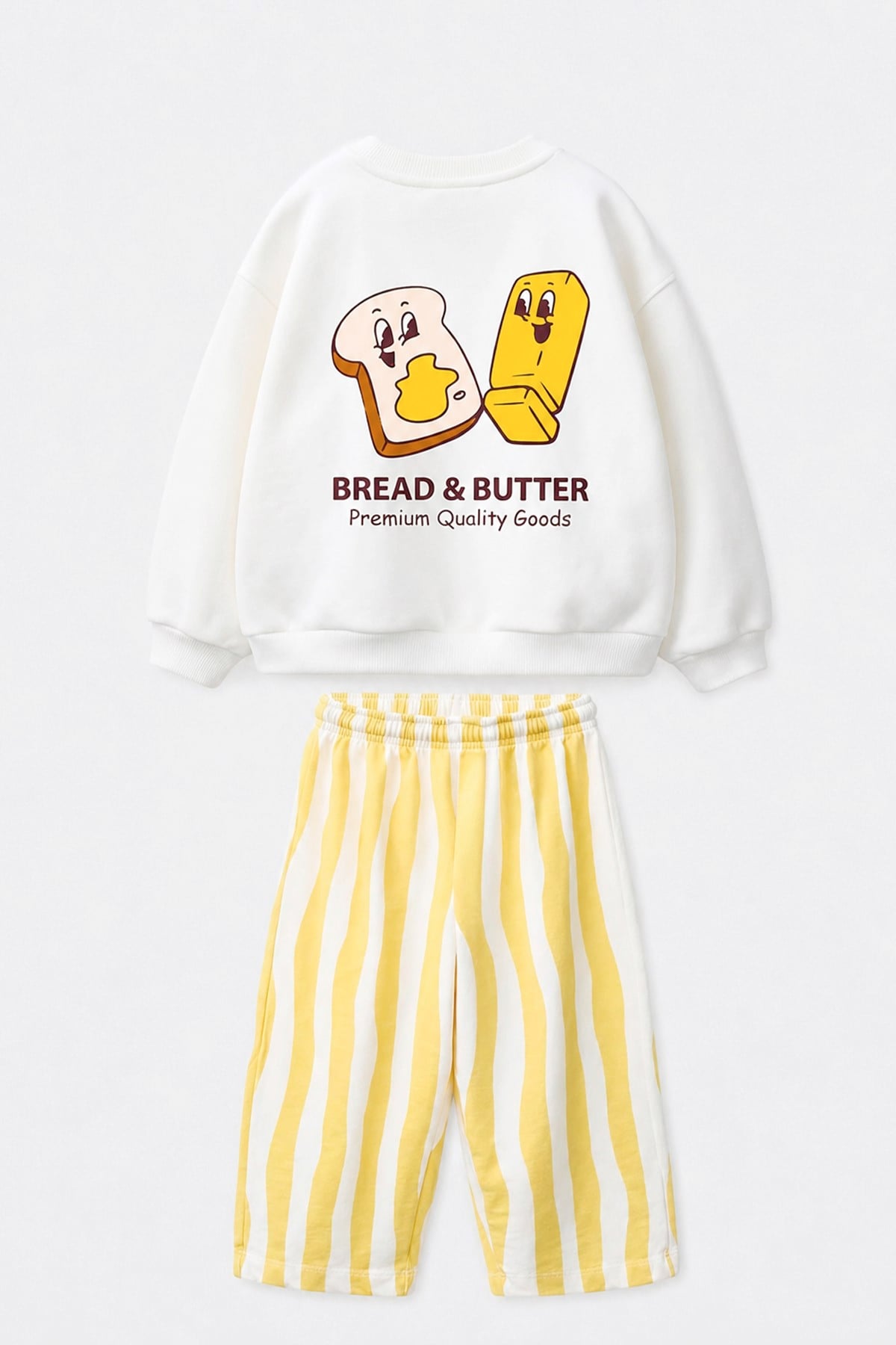 Unisex Çocuk Baskılı Ekru Sweatshirt ve Sarı Çizgili Eşofman Alt Üst Takım