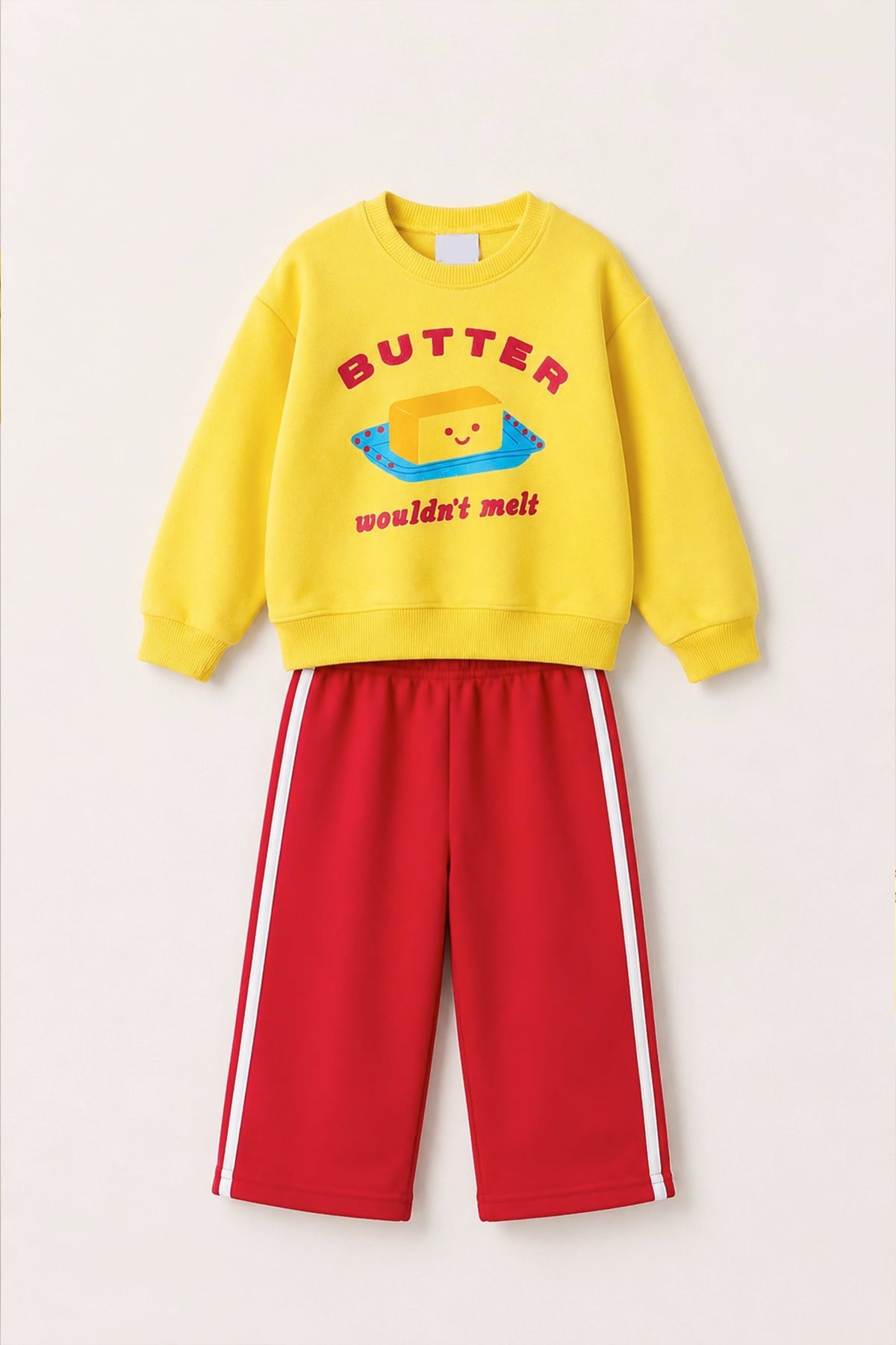 Unisex Çocuk Baskılı Sarı Sweatshirt ve Kırmızı Eşofman Alt Üst Takım