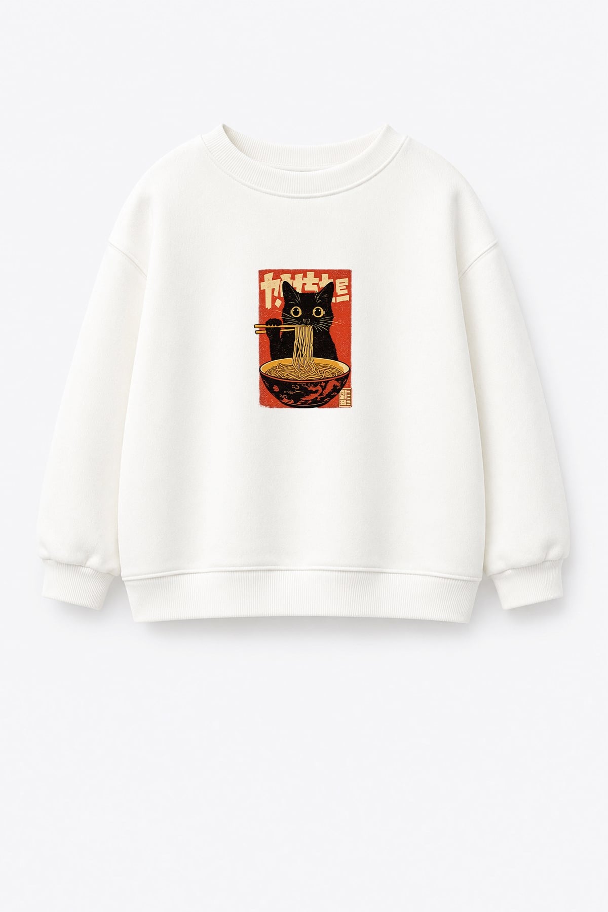 Unisex Çocuk Beyaz Kedi Baskılı Pamuklu Sweatshirt