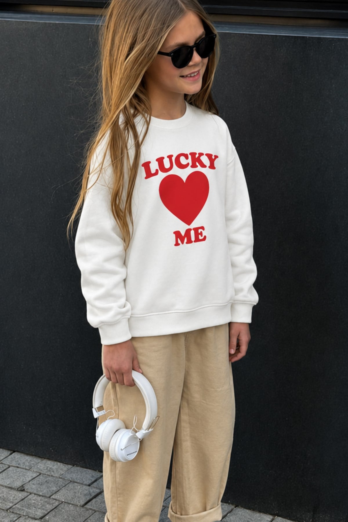 Unisex Çocuk Kalp Baskılı 3 İplik Kumaş Pamuklu Sweatshirt