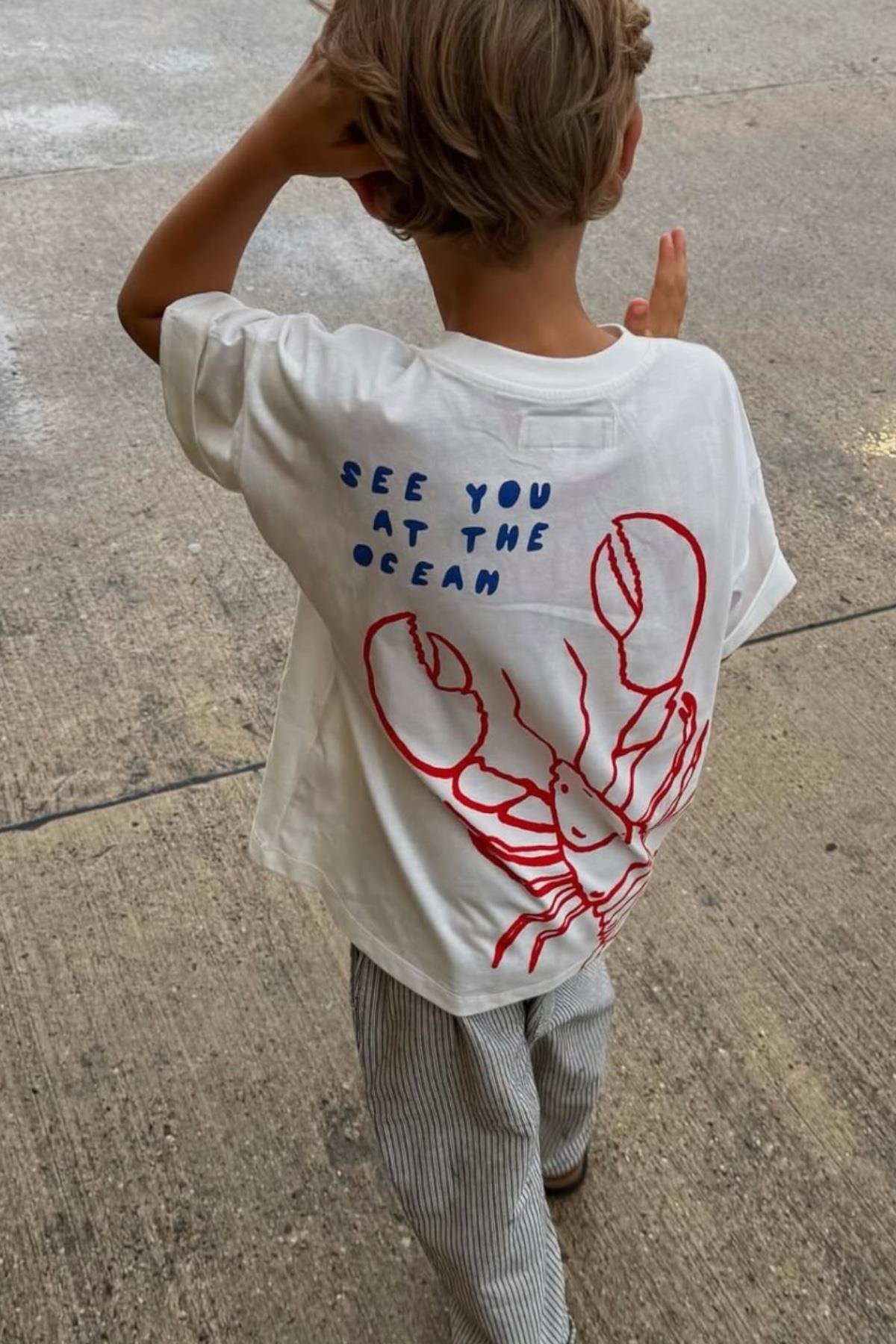 Unisex Çocuk Pamuklu Kumaş Istakoz Baskılı T-Shirt