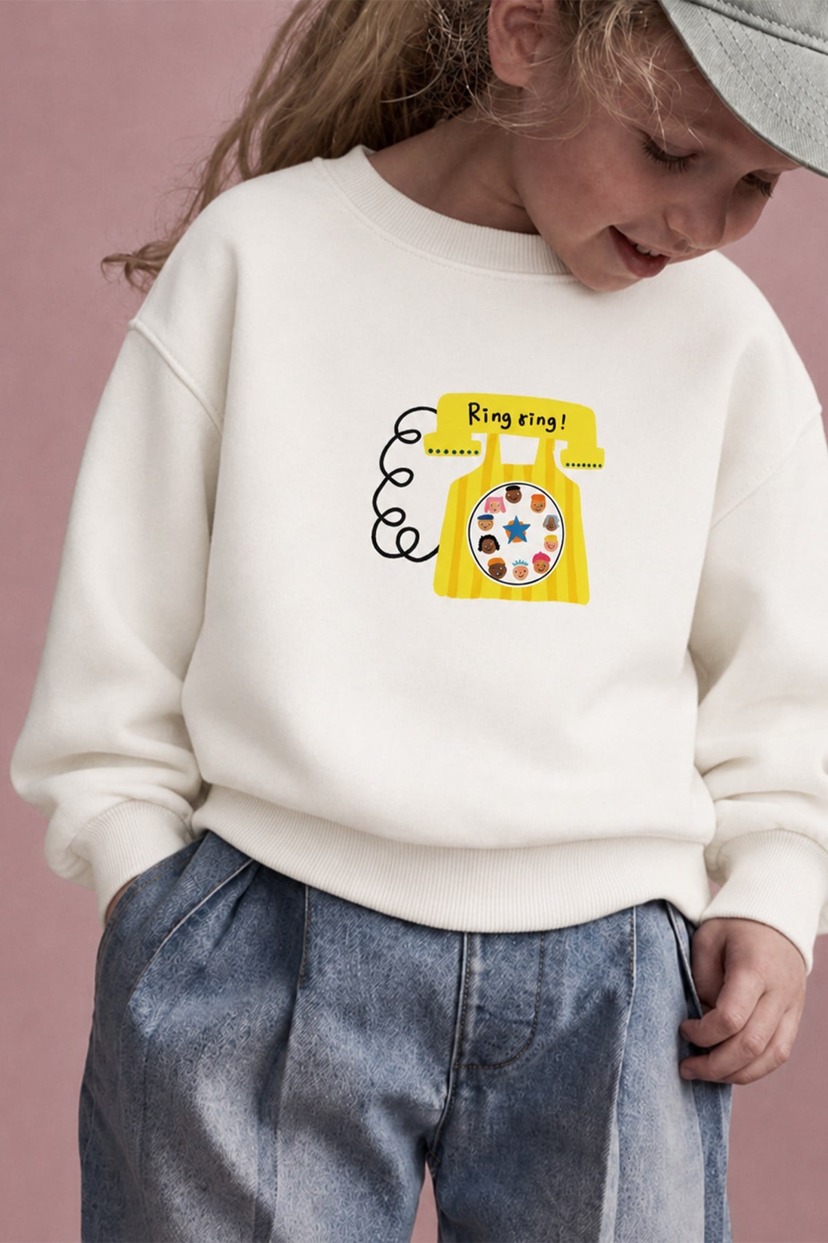 Unisex Çocuk Telefon Baskılı 3 İplik Kumaş Pamuklu Sweatshirt