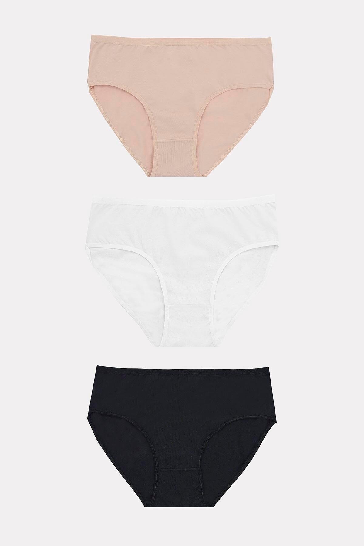 Aria's Closet Büyük Beden Pamuklu Siyah Beyaz Ten Rengi 3'lü Külot