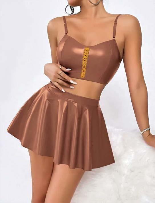 Aria's Closet Kahverengi Etekli Fantezi Deri Şık Elbise