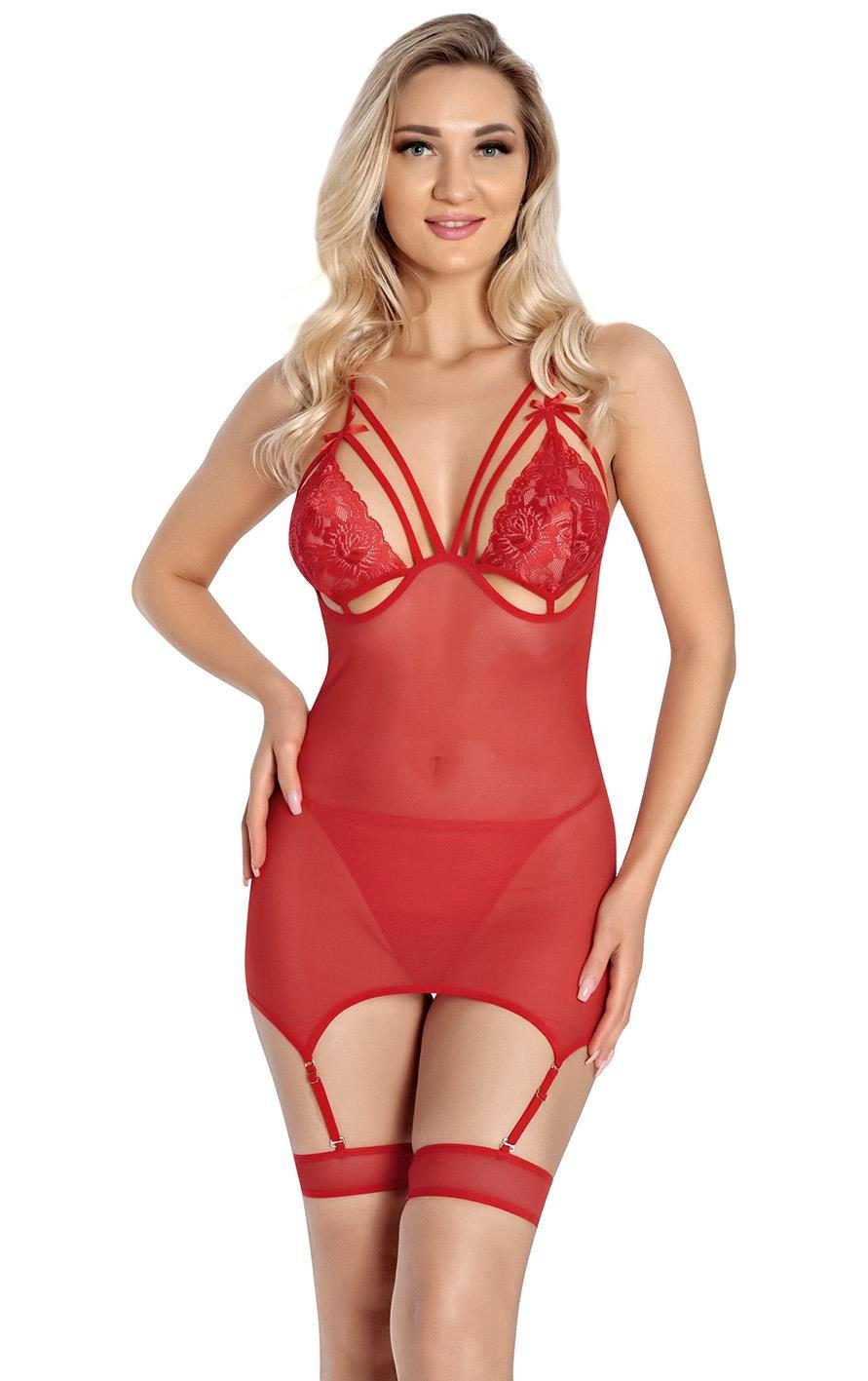 Aria's Closet Kırmızı Dantel İşlemeli Göğüs İp Detaylı Fantezi Jartiyer Takımı