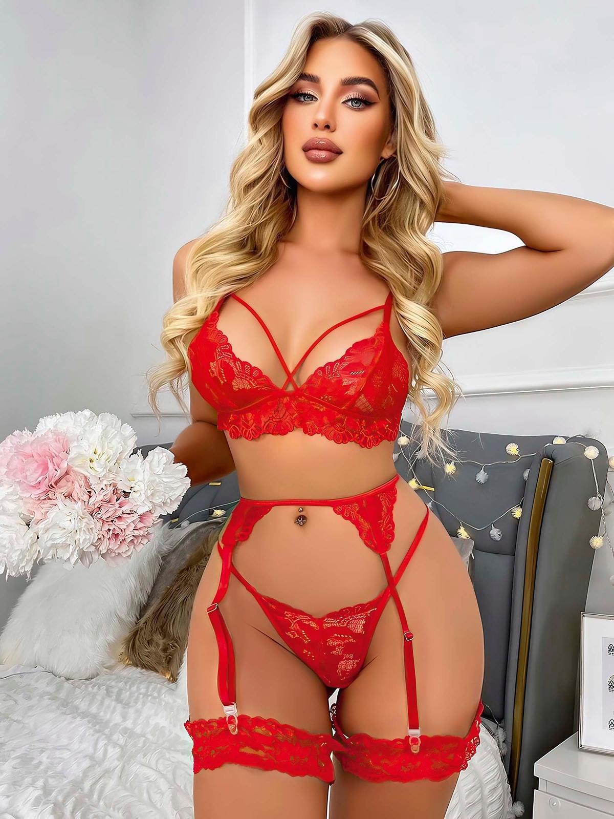 Aria's Closet Kırmızı Göğüs İp Detaylı Dantel İşlemeli Fantezi Jartiyer Takımı