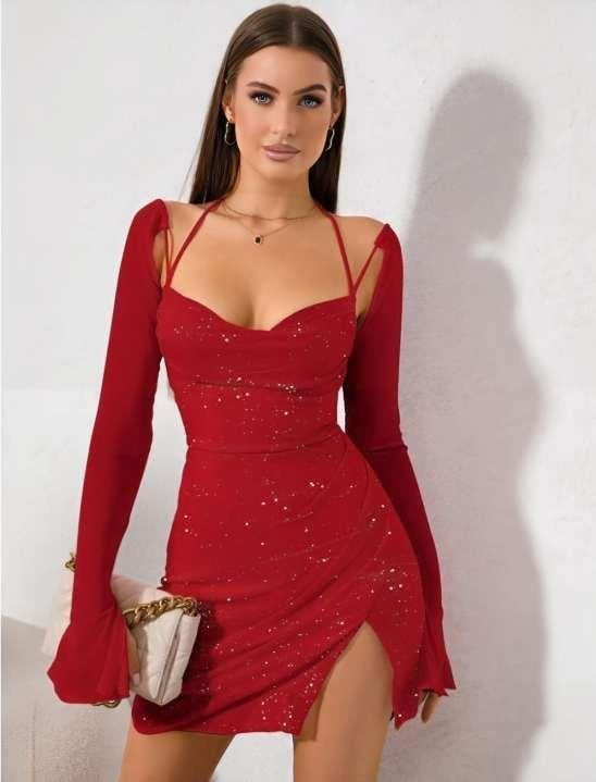 Arias Closet Kırmızı Yırtmaç Detay Simli Fantezi Mini Club Elbisesi