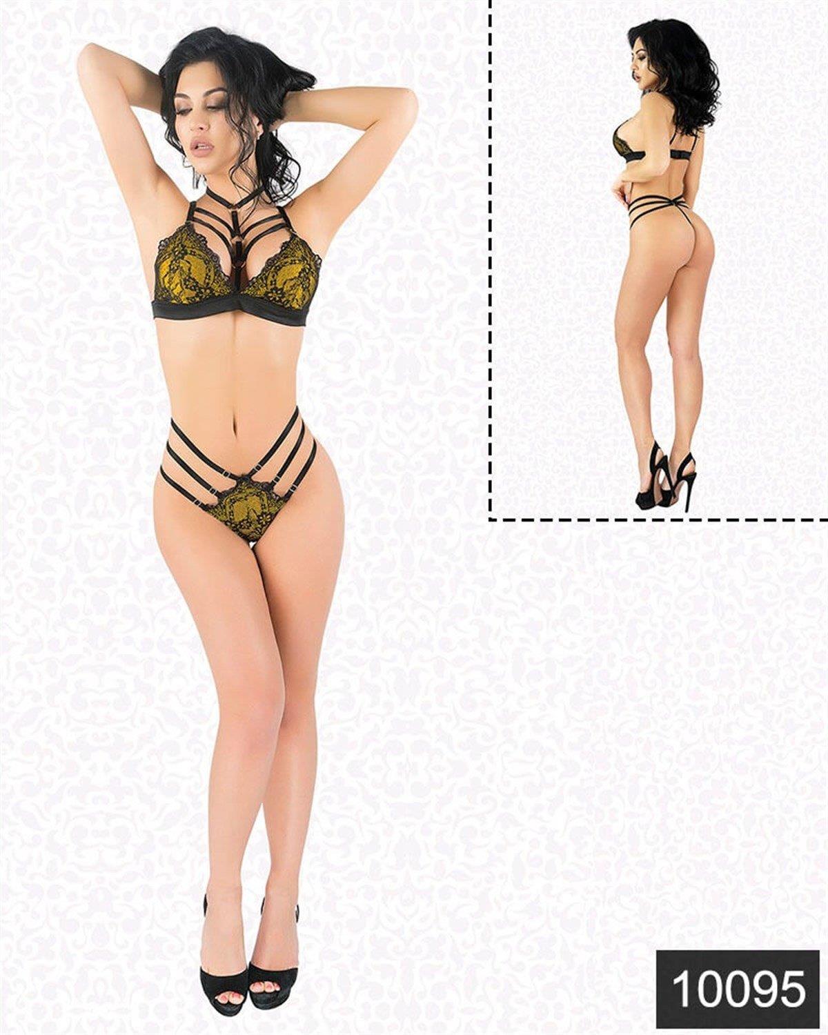 Aria's Closet Seksi Sarı Lamine Jartiyer Takım