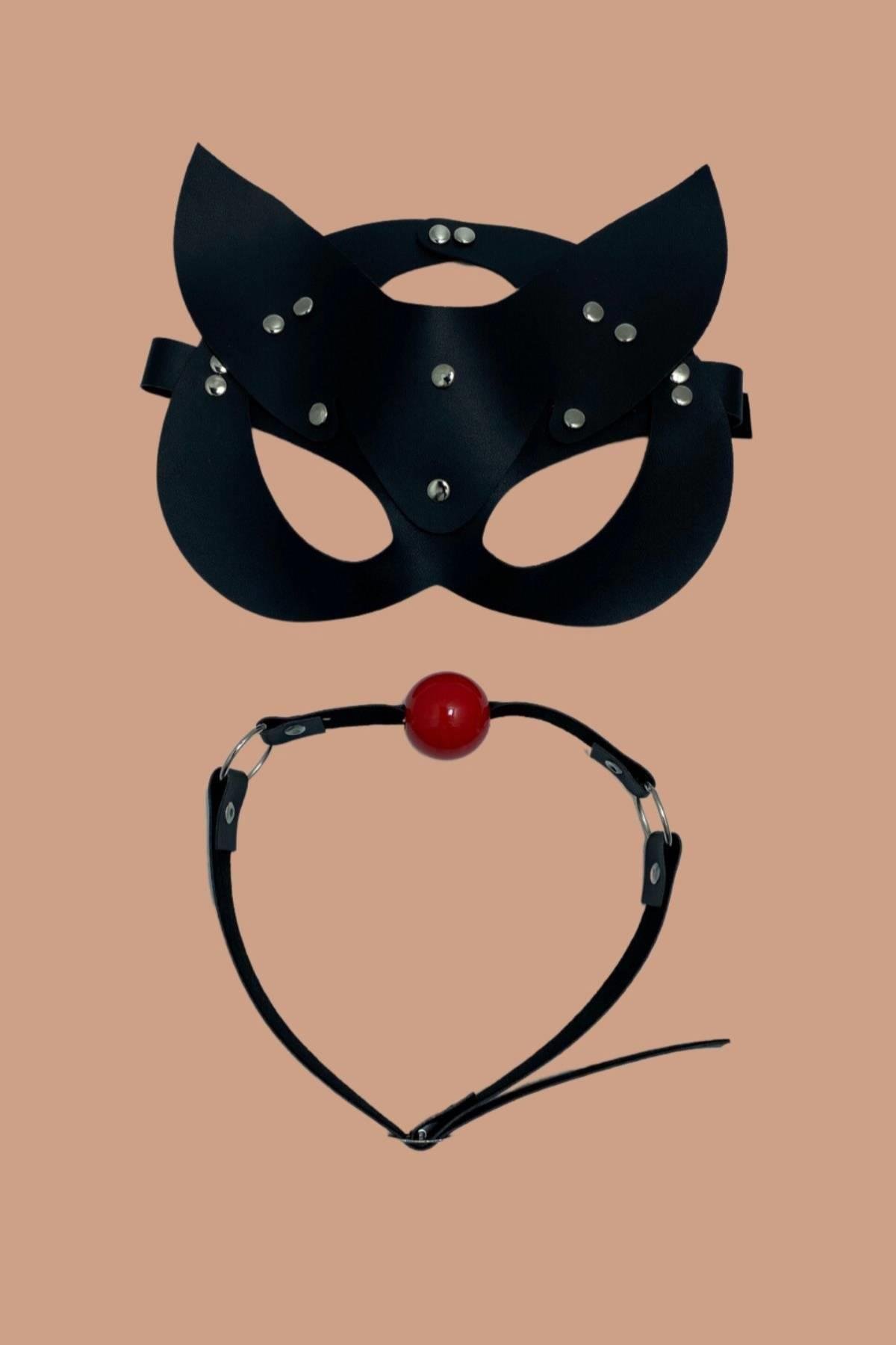 Aria's Closet Siyah Deri Maske ve Ağız Topu Herness Aksesuar