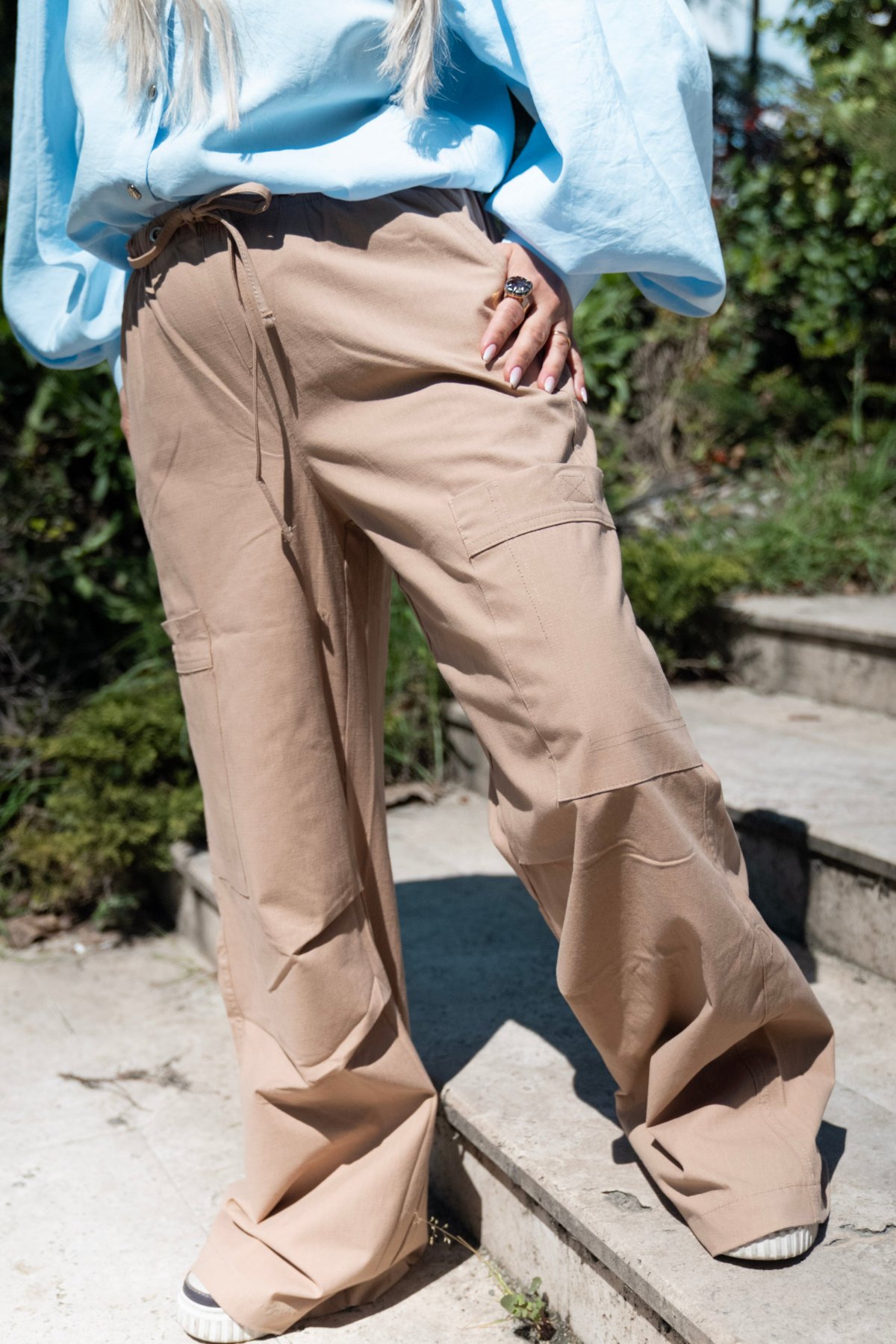 Bej Lastikli Bel Comfort Fit Kargo Pantolon
