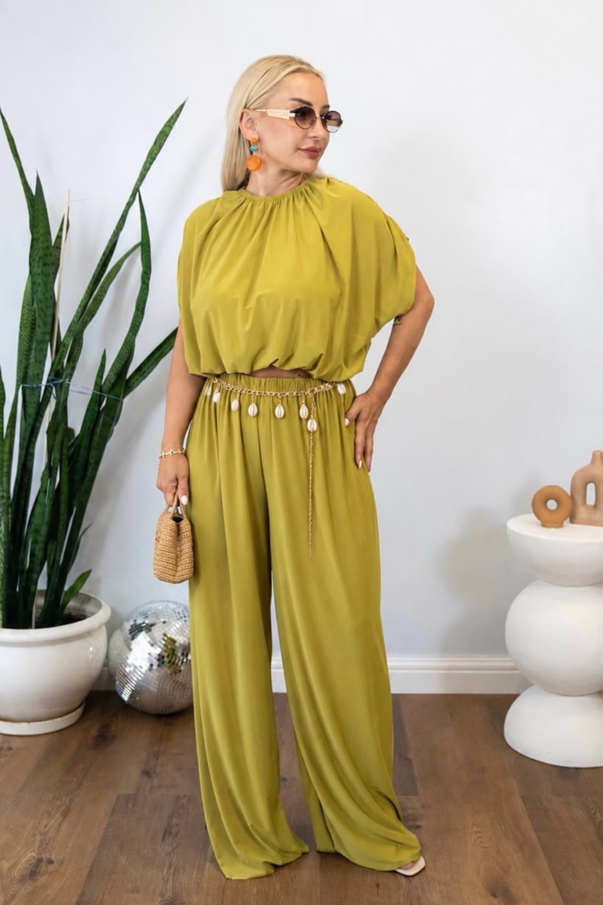 Beli Lastikli Yarasa Kol Bluz Pantolon İkili Takım – Yeşil