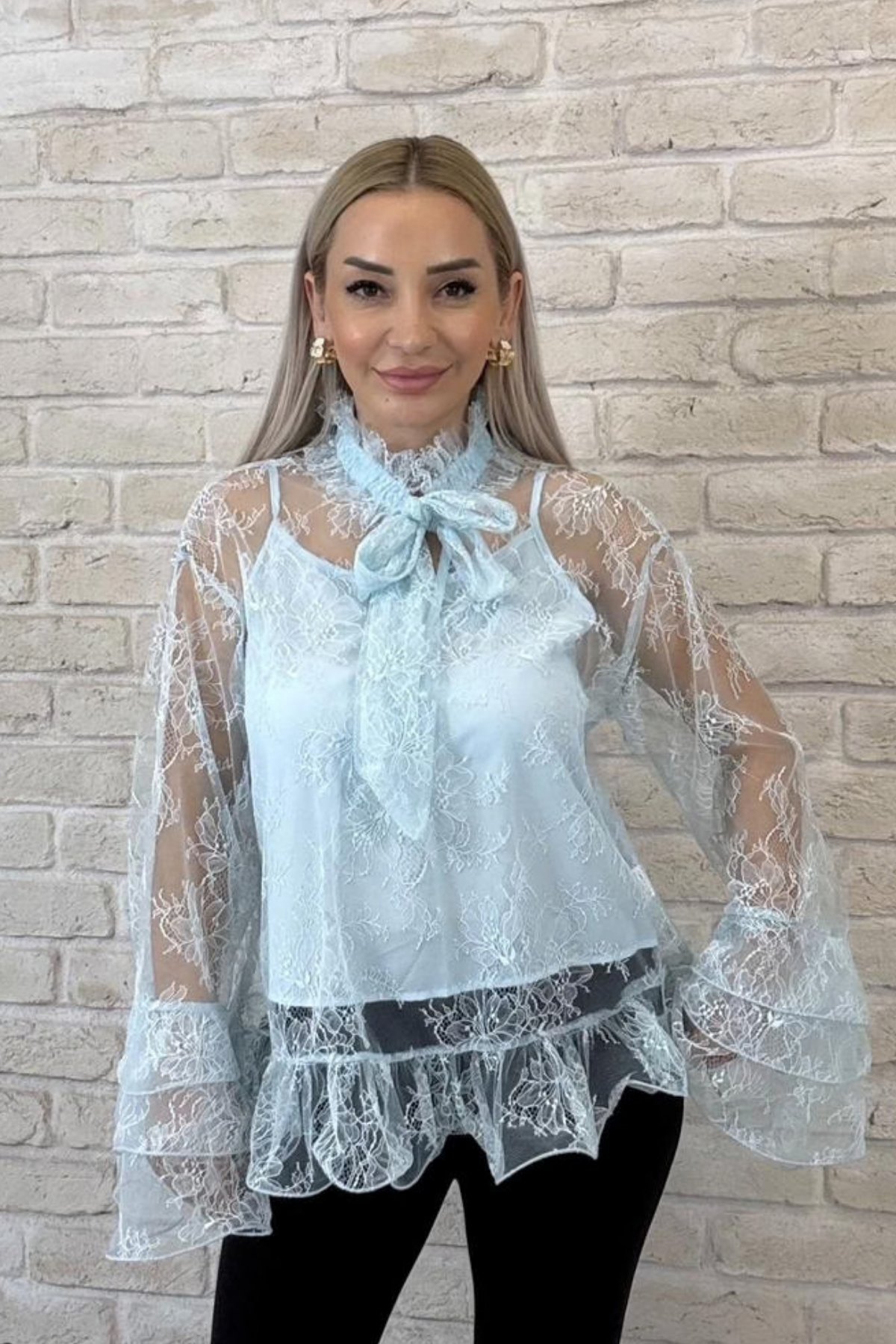 Garciel Mavi Kendinden Bodyli İthal Tül Gömlek