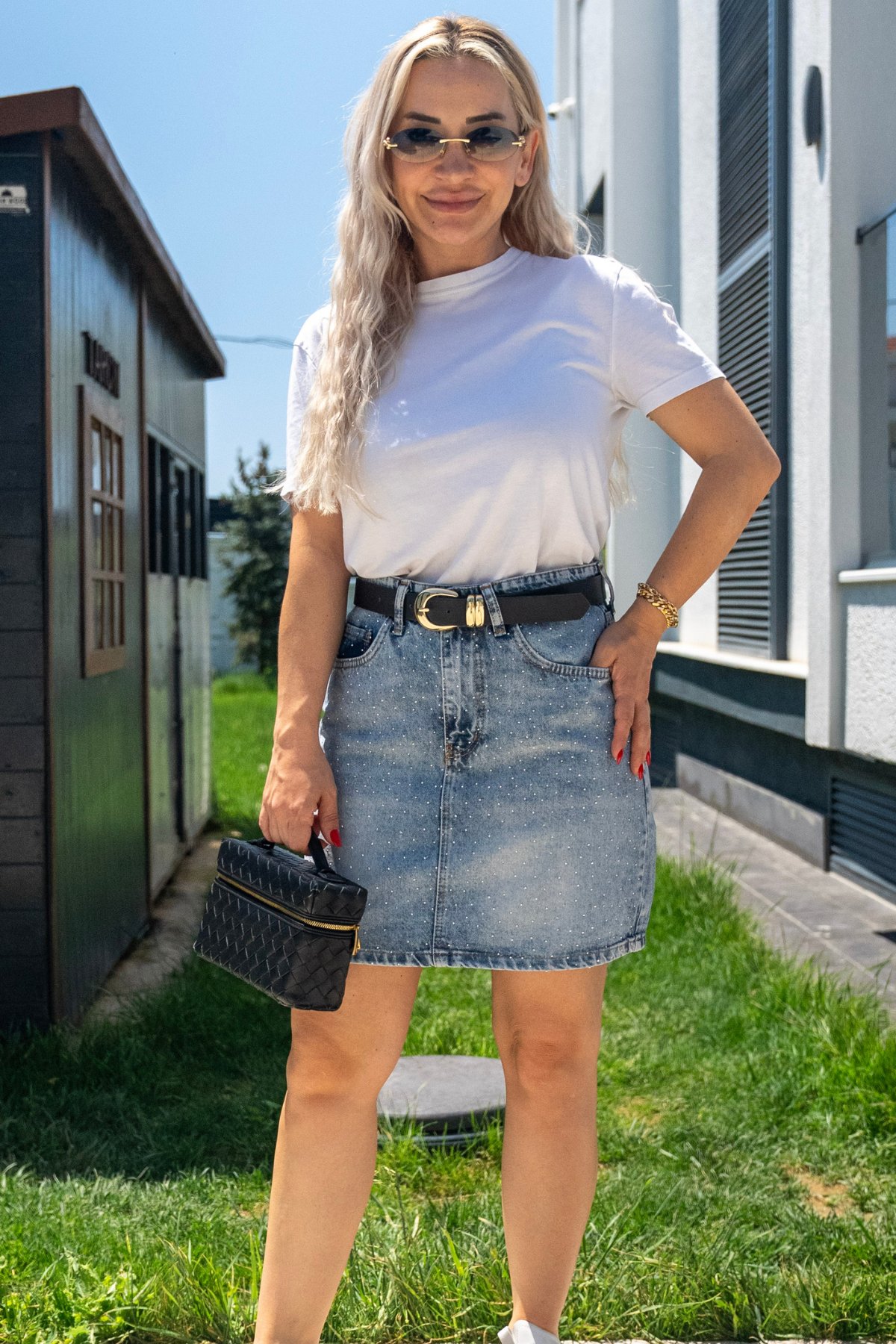 Katri Taş Detaylı Yüksek Bel Mini Kot Etek – Jean Mini Etek Modeli
