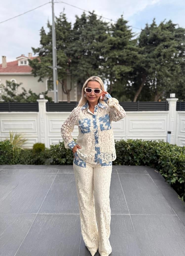 Mavi Beyaz Dantel Detaylı Pantolon Gömlek Alt Üst Takım