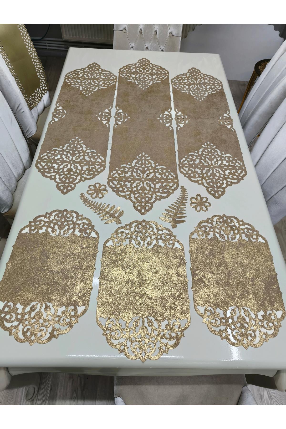 1 adet 120cm'lik runner/2 adet 100'lük runner/3 adet servis/suni deri/soft gold eskitme
