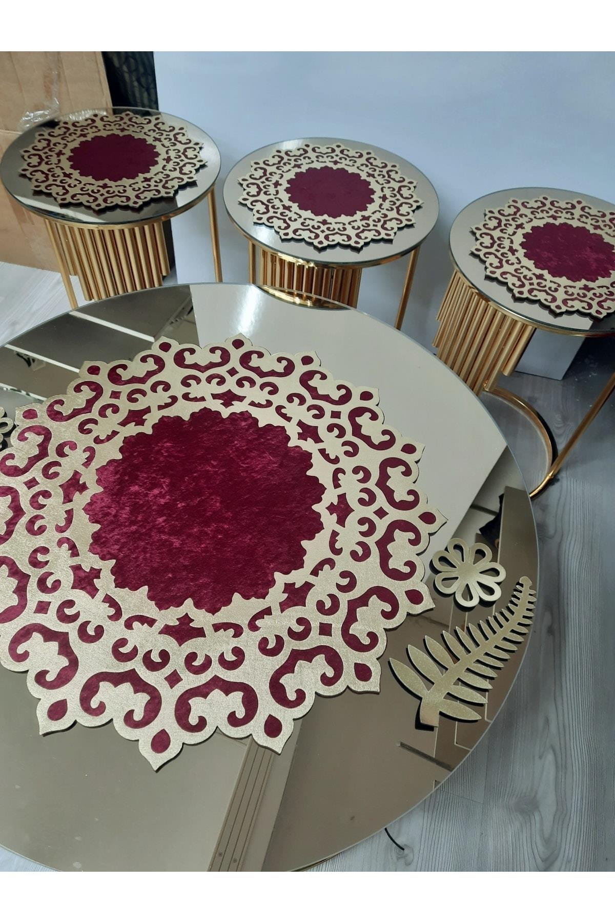 1 Adet Orta Sehpa Örtüsü(60CM)/3 Adet Zigon Örtüsü (33CM)/bordo Kadife/gold Varak Işlemeli/4 Parça