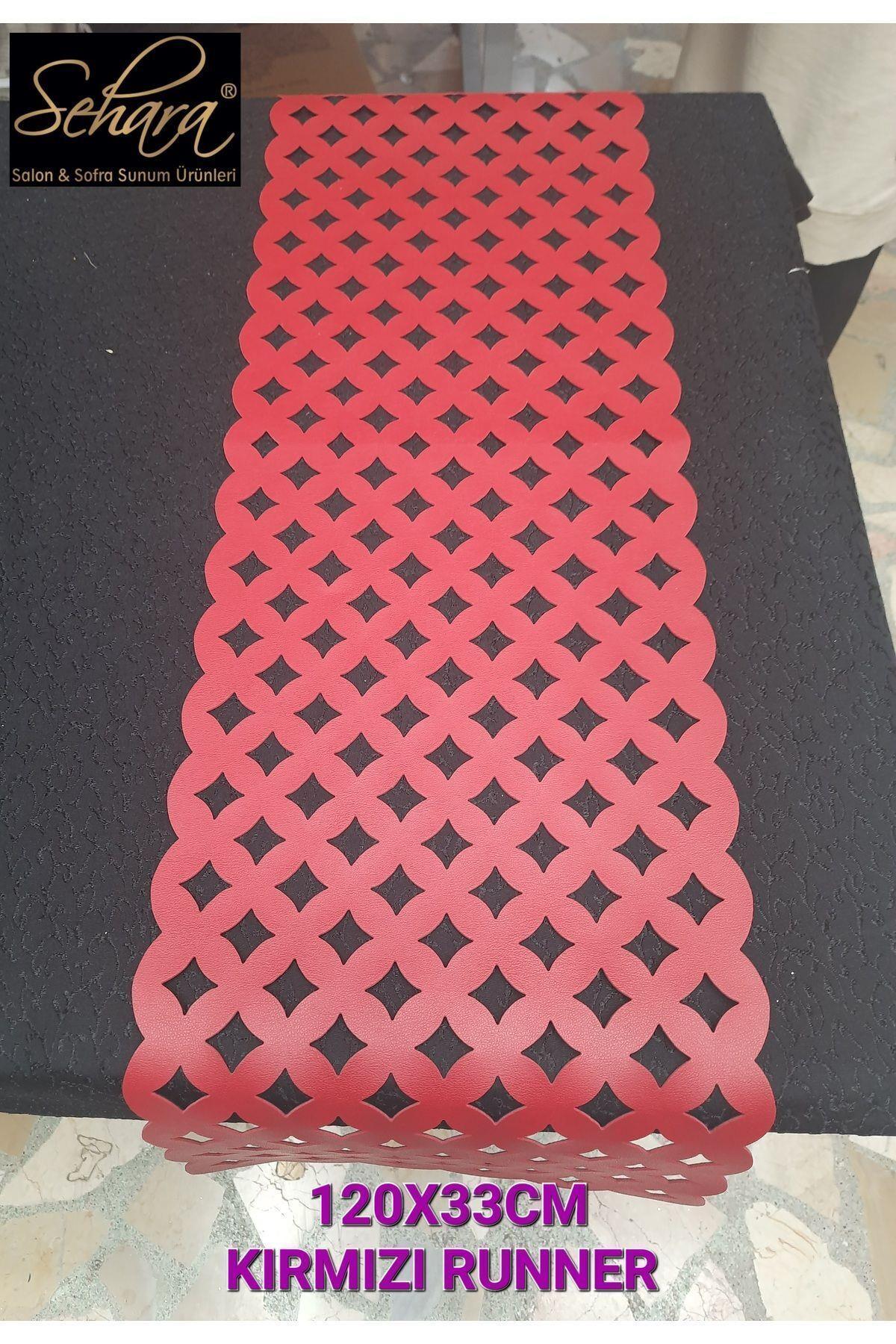 1 Adet Runner /120x33cm/kırmızı/suni Deri/1.7mm Kalınlık/2 Yaprak,2 Çiçek Motifi Hediye/