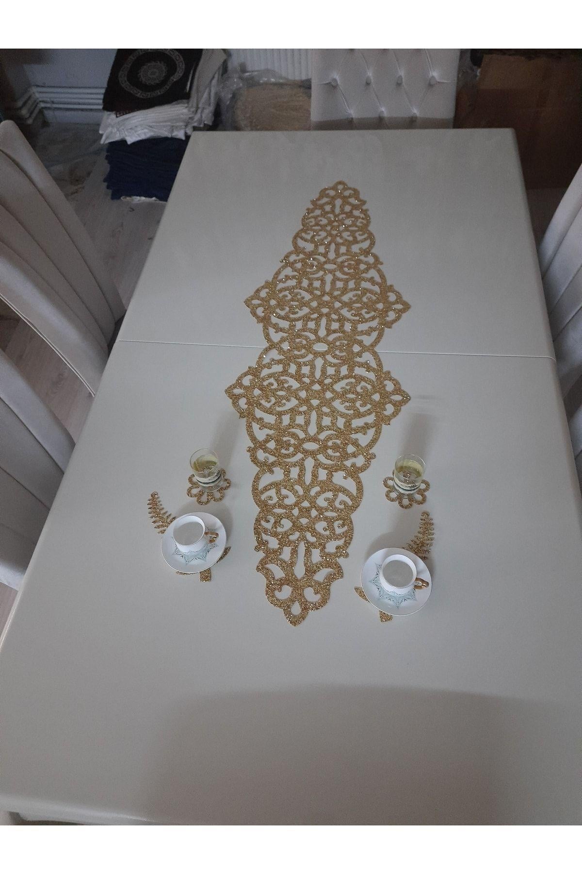 1 Adet Runner/masa Ranırı/125cmx40cm/ışıltılı Lux/simli Gold/4 Parça Kahve Sunumluğu Hediye/
