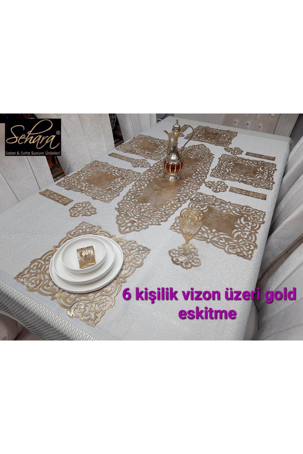 1 RUNNER(100X33CM)/6 SERVİS(33X33CM/6 BARDAKALTLIĞI/6 KAŞIKLIK/VİZON ÜZERİ SOFT GÜMÜŞ EKİTME/S.DERİ/