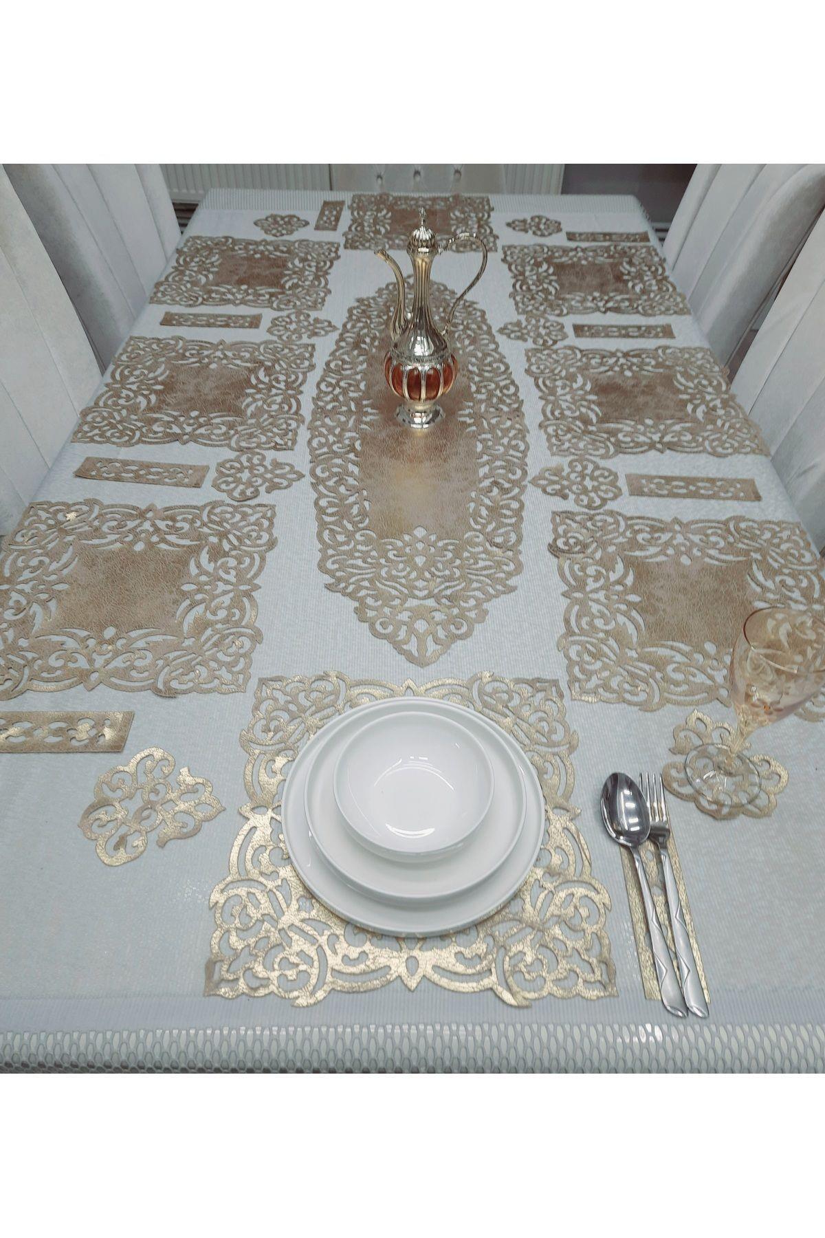1 RUNNER(100X33CM)/8 SERVİS(33X33CM/8 BARDAKALTLIĞI/8 KAŞIKLIK/VİZON ÜZERİ SOFT GÜMÜŞ EKİTME/S.DERİ/