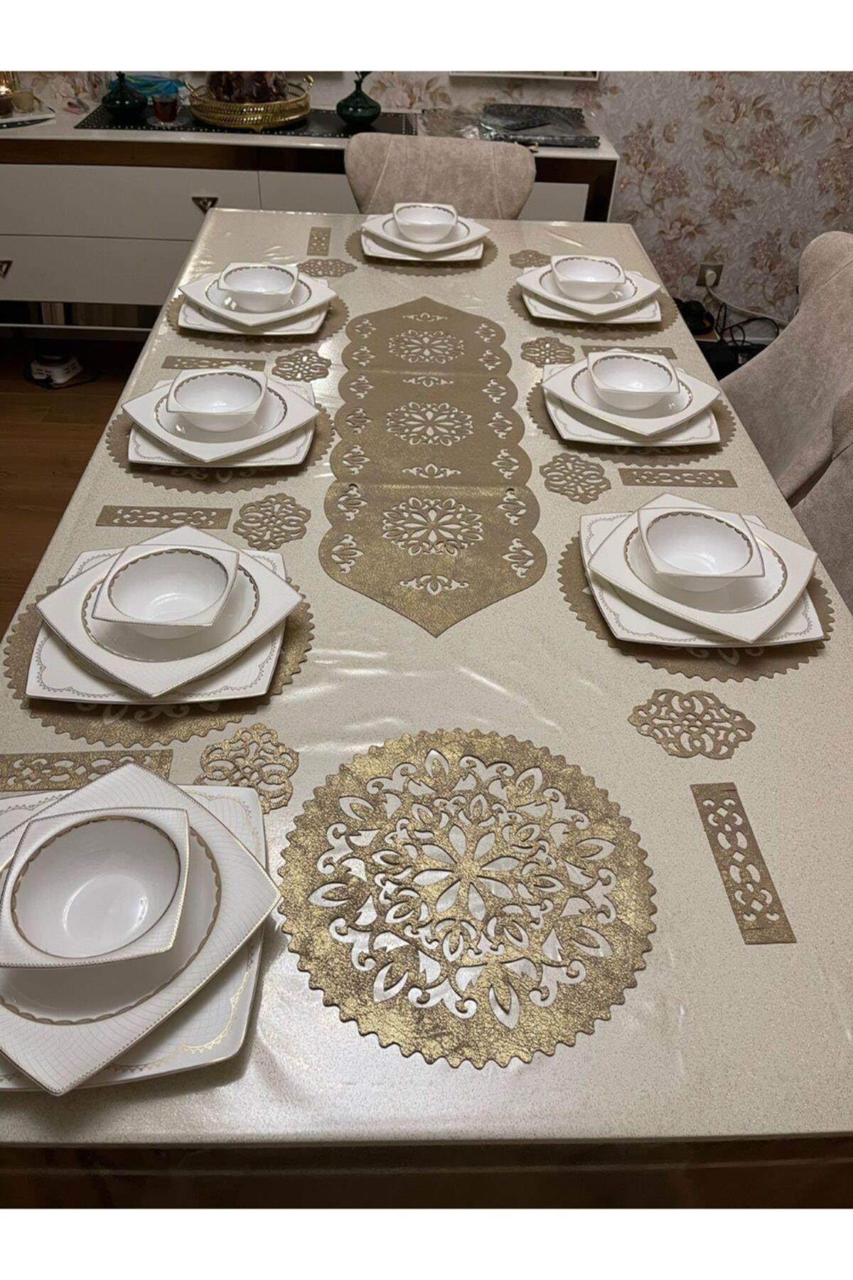 25 Parça/eskitilmiş S.deri/sofra Takımı/1 Runner,8 A.servis,8 B.altlığı,8 Peçetelik-soft Gold-