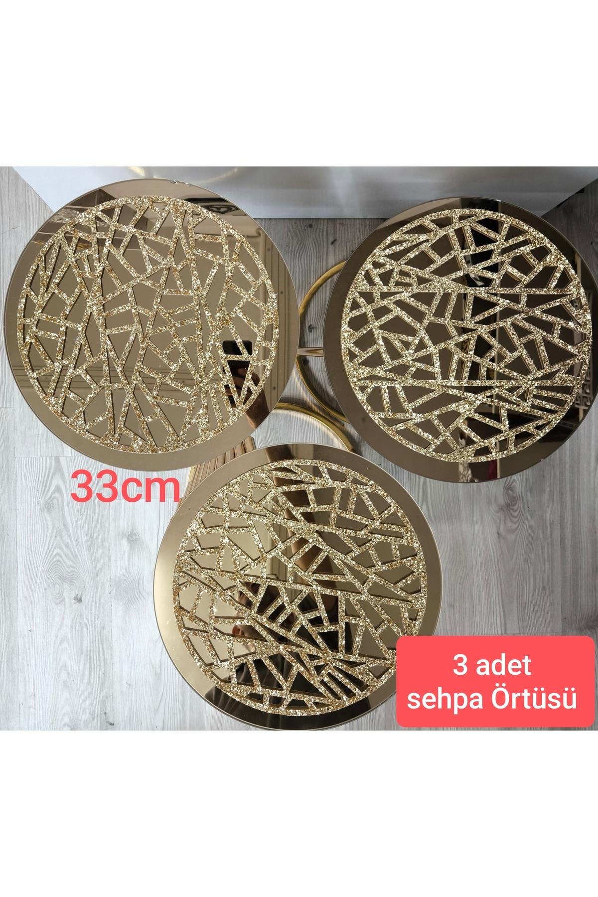 3 Adet Zigon Sehpa Örtüsü/33cm/simli Işıltılı Gold/s.deri