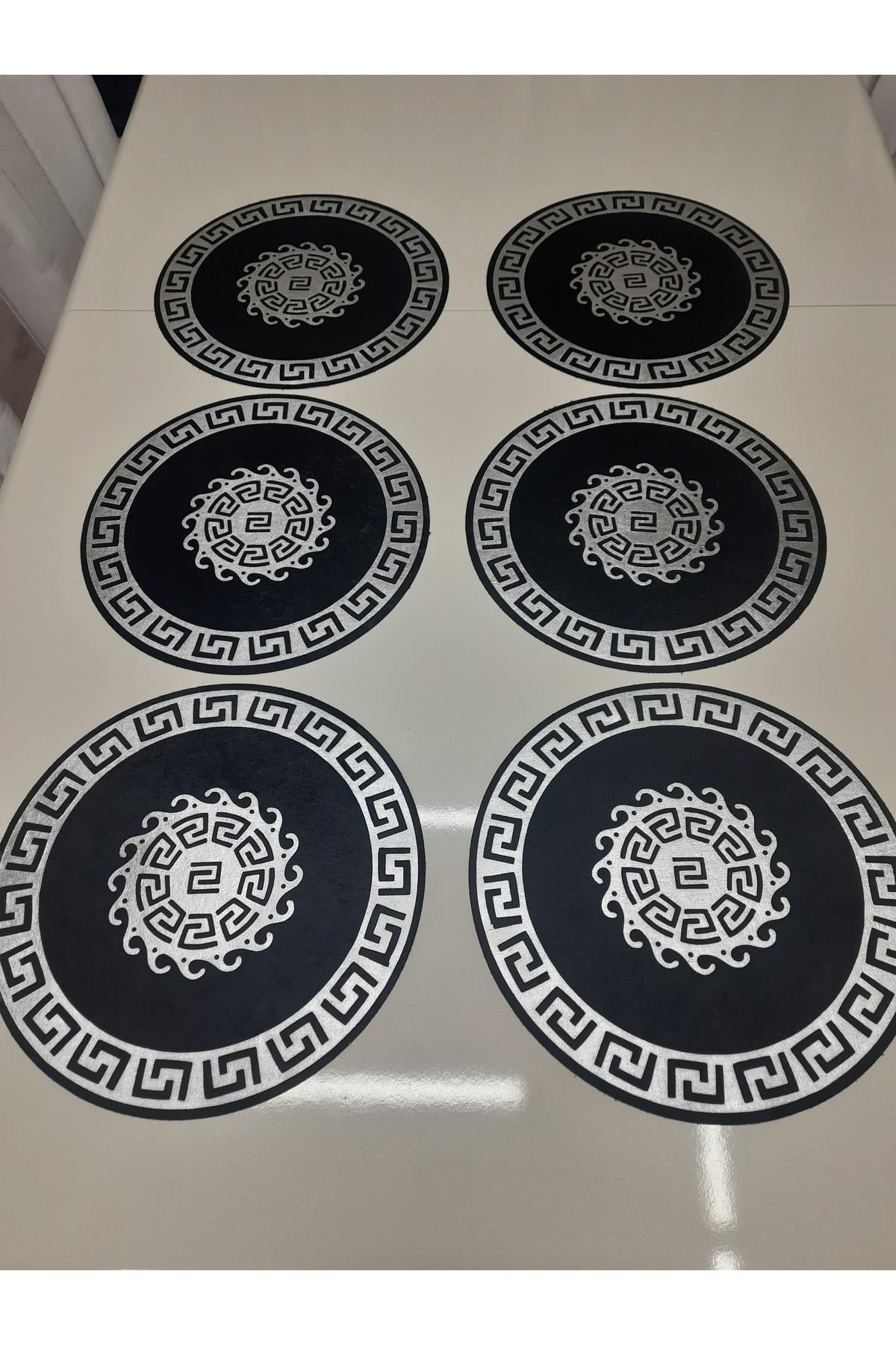 6 Adet/ Kadife Lux Varak Işlemeli Amerikan Servis Seti ( Siyah Üzeri Gümüş Işlemeli) / 33cm Yuvarlak