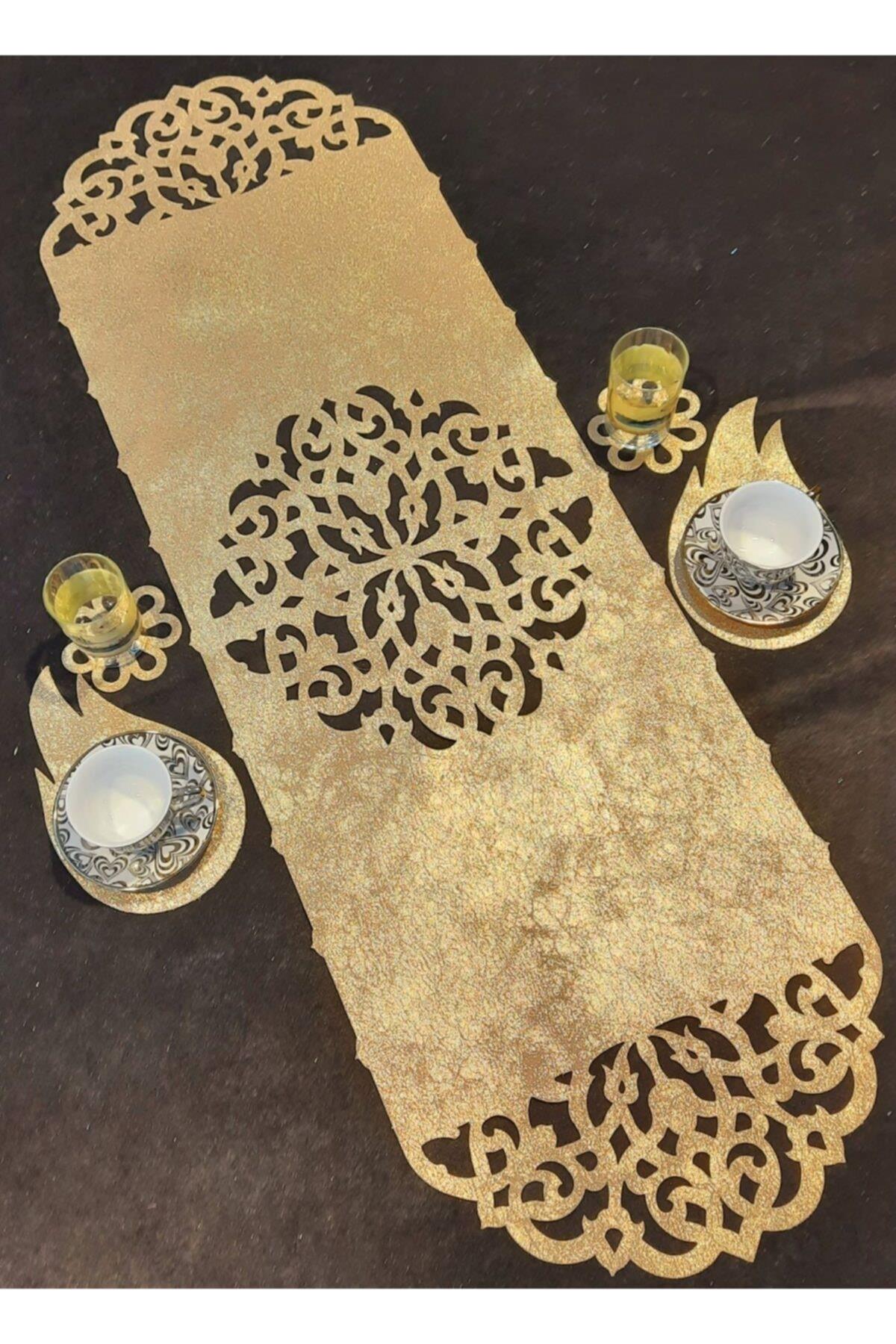 Eskitilmiş S.deri Nubuk Runner;5 Parça(1 Runner,4 Parça Kahve Sunumluğu-altın