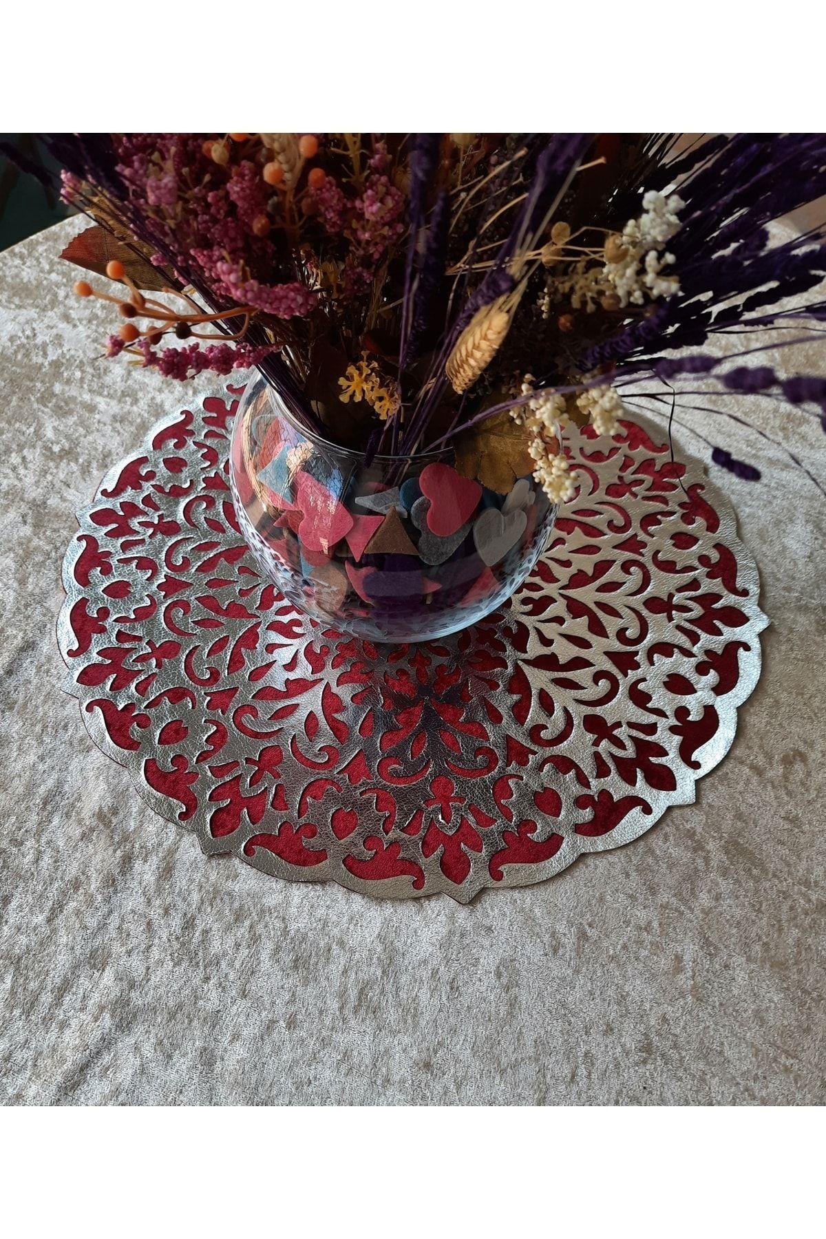 Kadife/deri Işlemeli/sehpa-masa Örtüsü/suni Deri/46cm Yuvarlak/bordo-gümüş