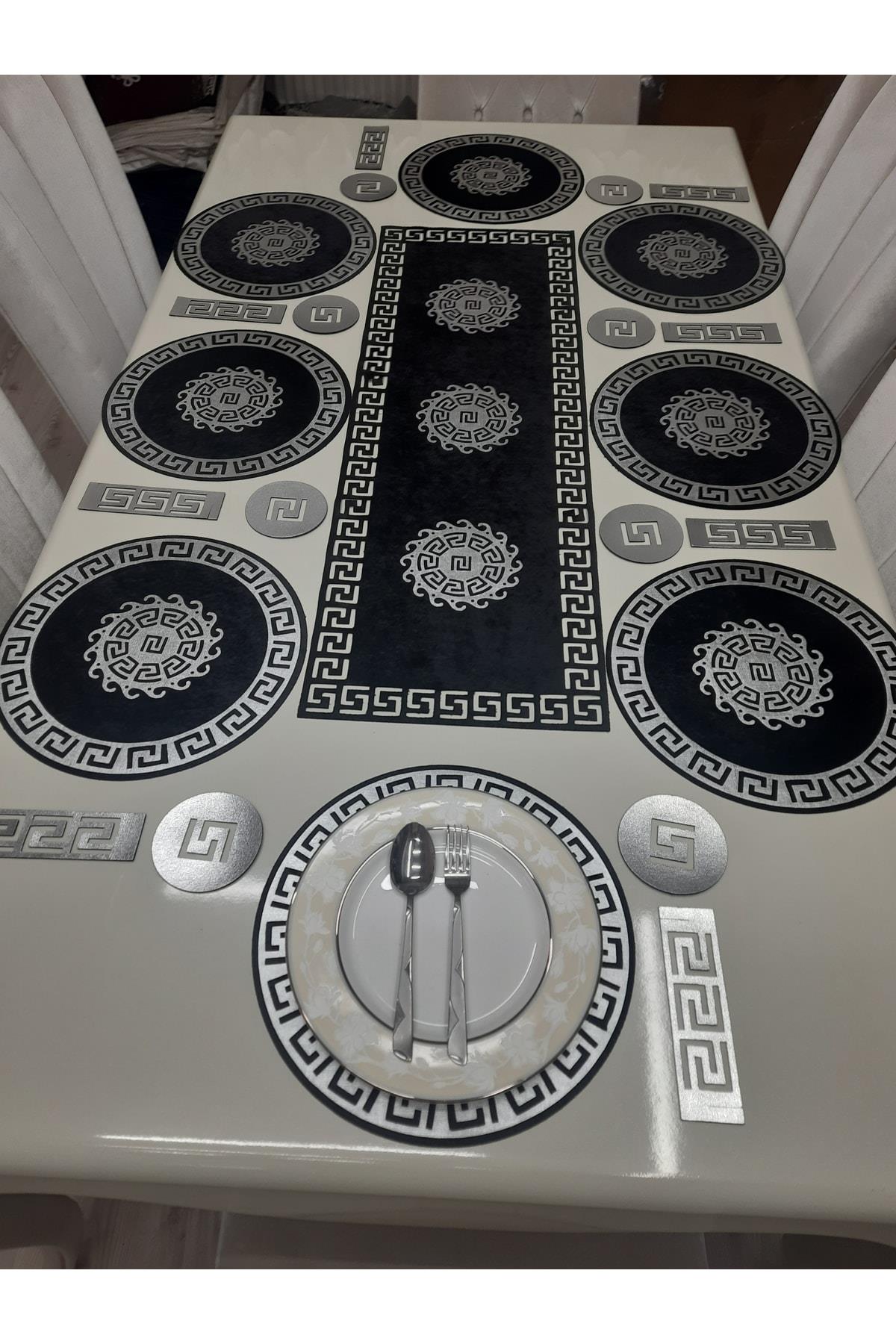 Runner / Amerikan Servis / Yemek Sunum Takımı/ 8 Kişilik/ 25 Parça Deri Işlemeli Kadife/ Siyah-gümüş