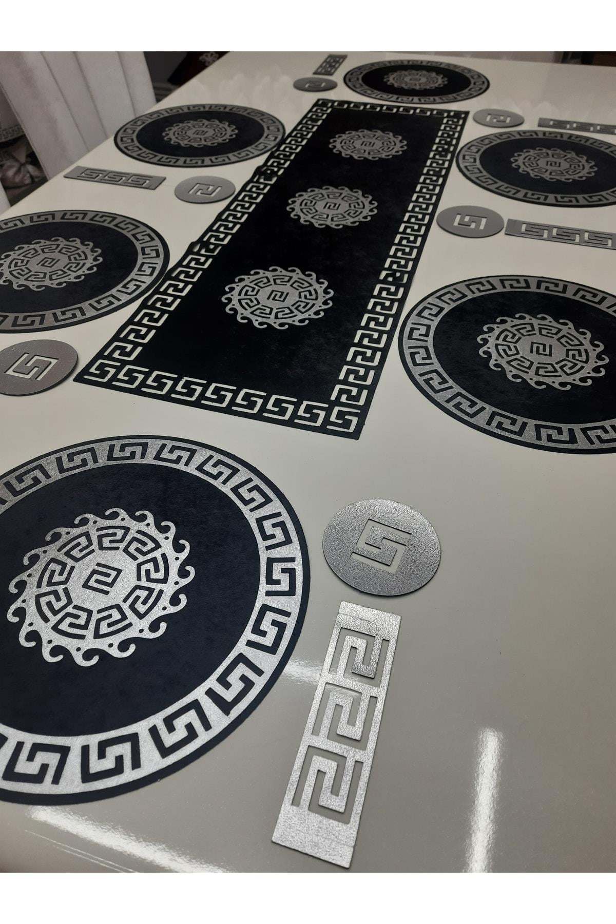 Runner/ Suppla/amerikan Servis/sofra Sunum Seti/19 Parça Deri Işlemeli Kadife/6 Kişilik/siyah-gümüş