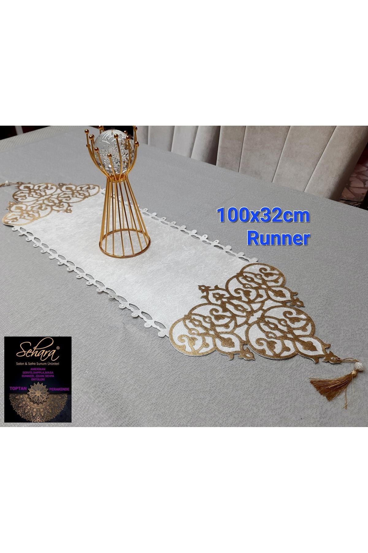 Runner/100x31cm/1 Adet/kadife/100cm/siyah-gold(2 YAPRAK,2 ÇİÇEK MOTİFİ HEDİYE)