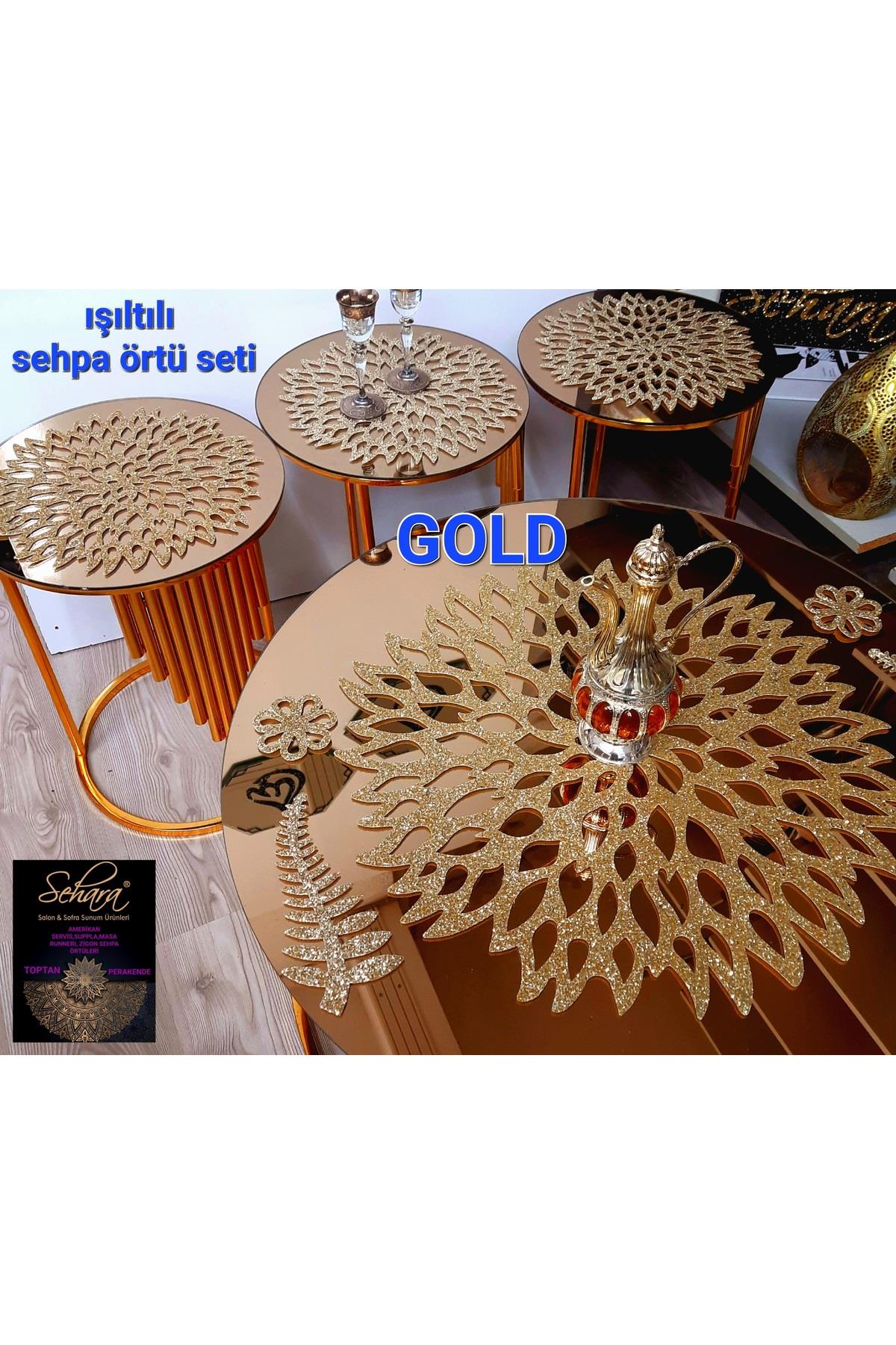 Sehpa Örtü Seti/ 1ad (60CM)lik Orta Sehpa Runnerı,3 Ad.(33CM)zigon Örtüsü/toplam 4 Parça/simli Gold