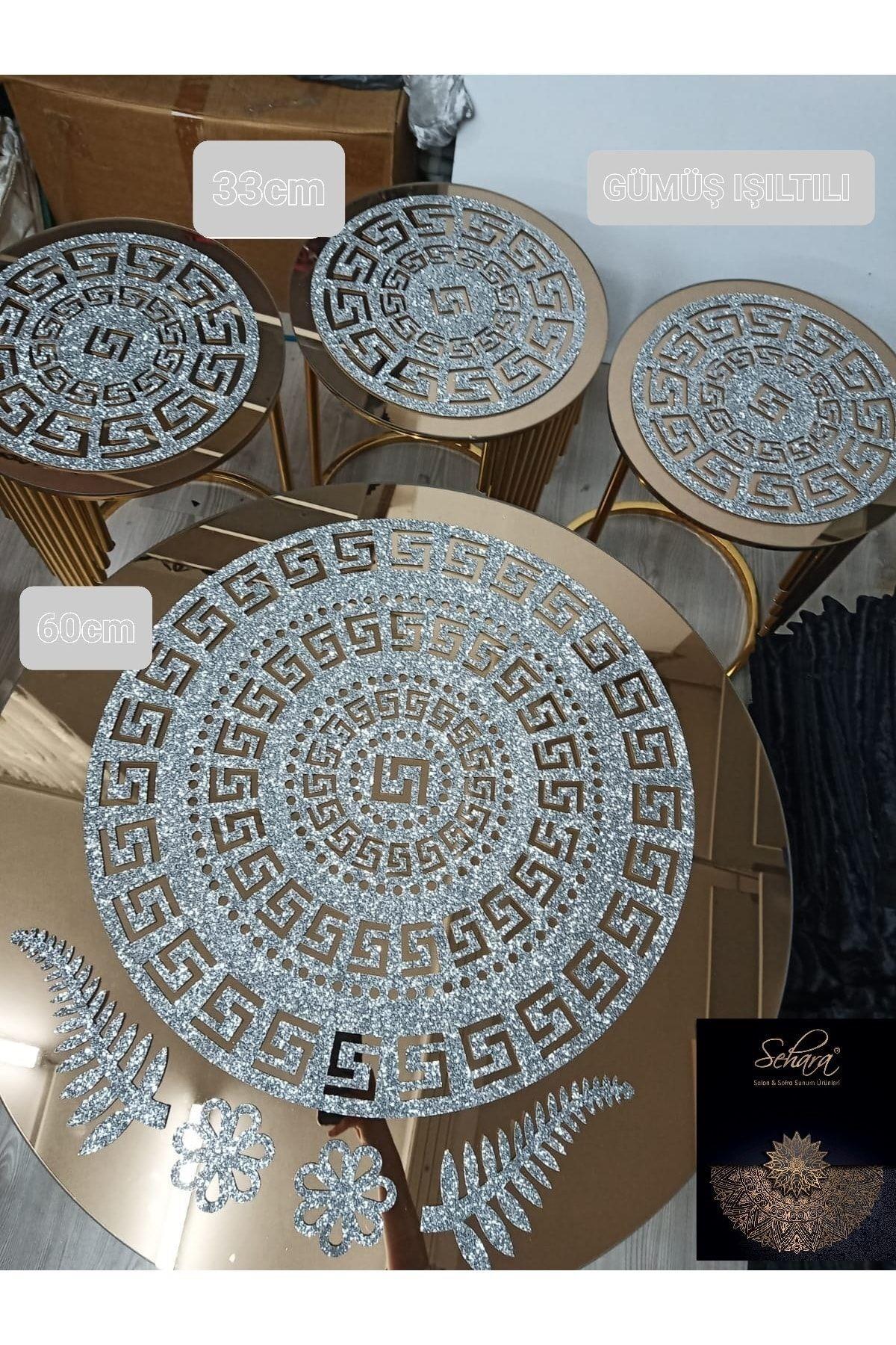 Sehpa Örtü Seti/ 1ad (60CM)lik Orta Sehpa Runnerı,3 Ad.(33CM)zigon Örtüsü/toplam 4 Parça/simli Gold