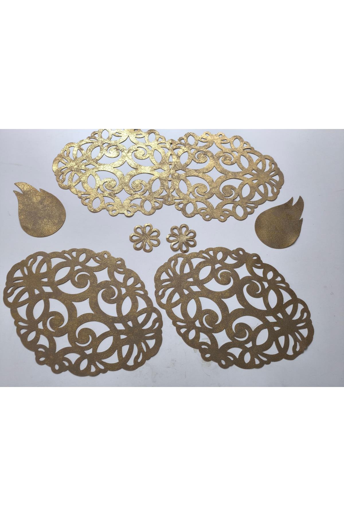 Sehpa Örtüsü/1 adet 70x31cm runner, 2 adet 43x31cm zigon örtüsü/ S.deri /Gold Eskitme