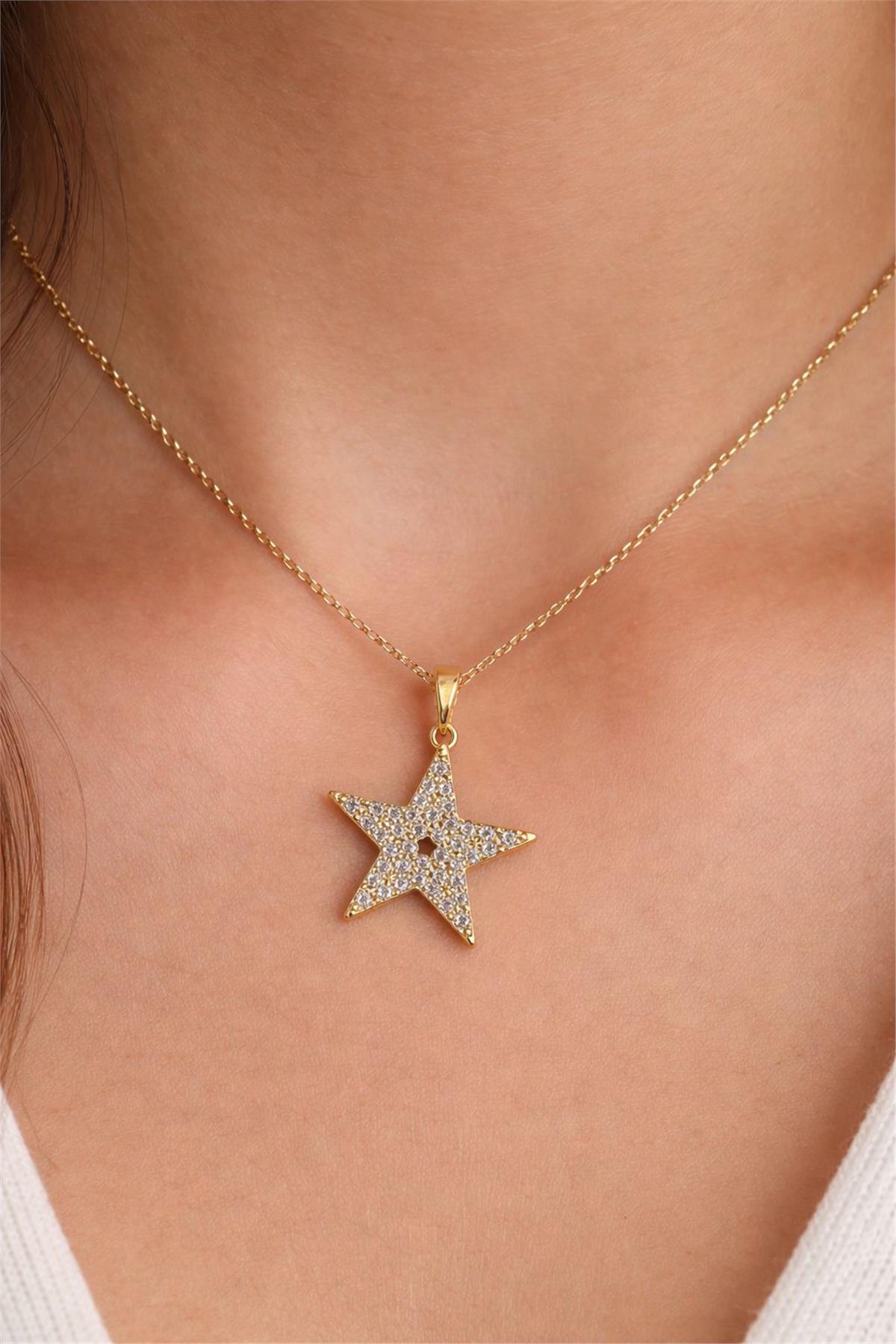 14 Ayar Altın Kaplama Gold Zirkon Taş Yıldız Model Kolye Uçu 
