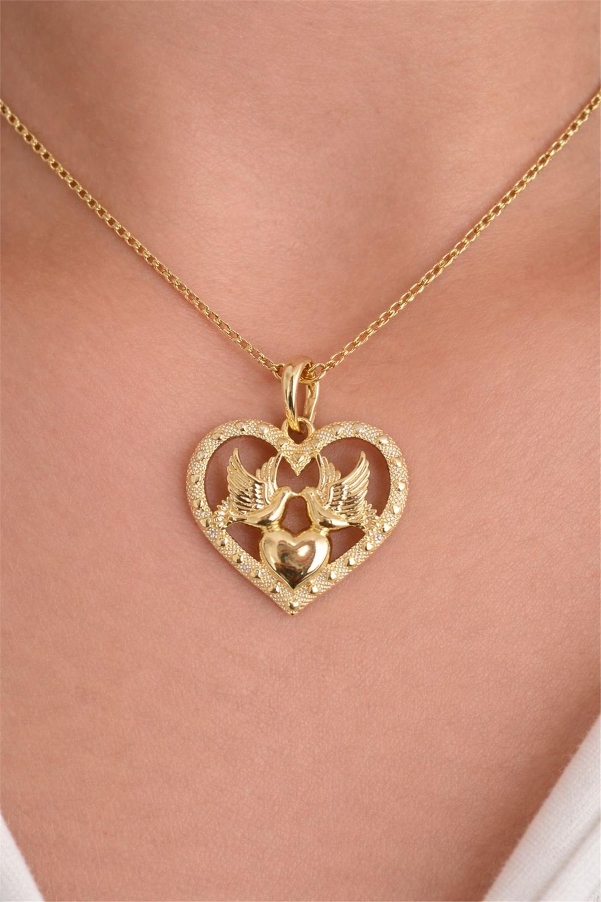 14 Ayar Altın Kaplama İtal Gold Kalp Kuşlu Model Kolye Uçu 