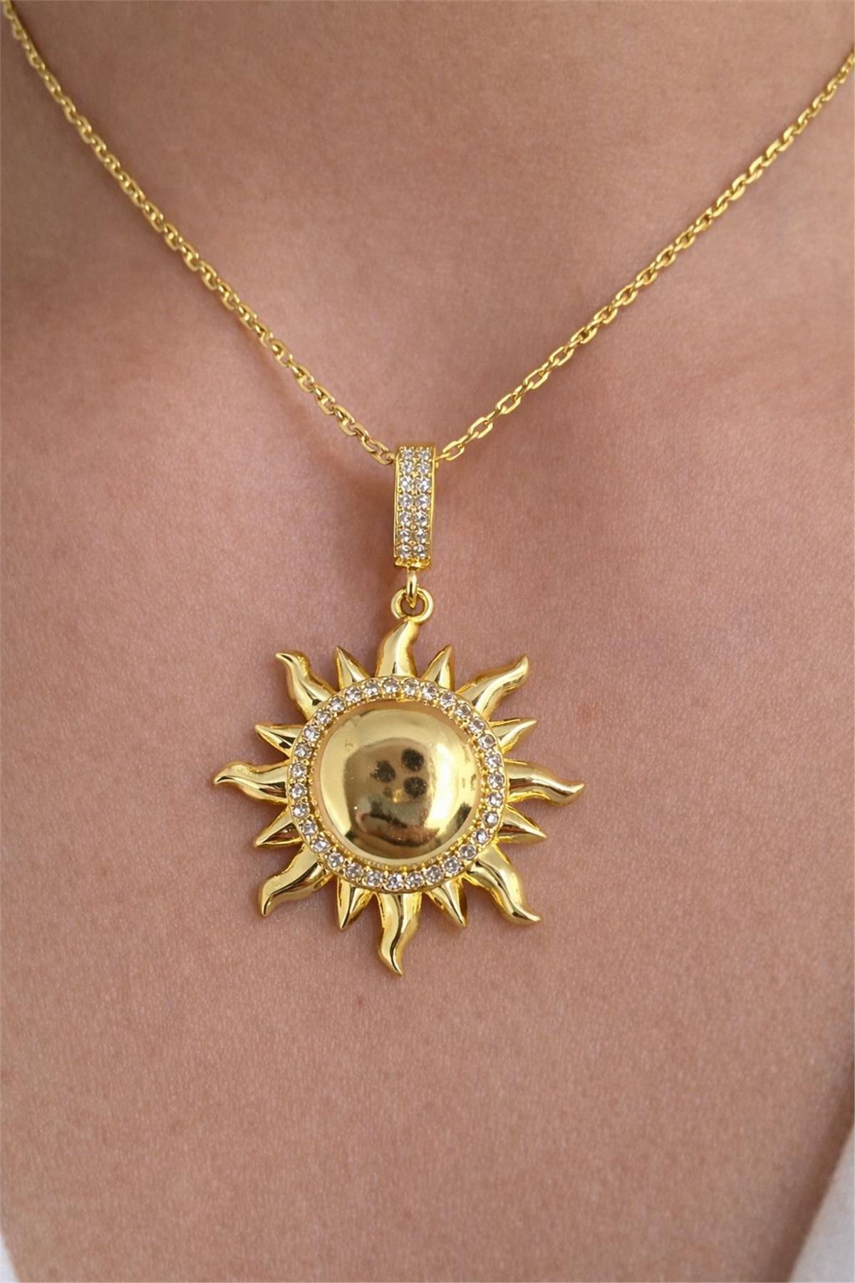 14 Ayar Altın Kaplama İtal Gold Zirkon Taş Güneş Model Kolye Uçu 