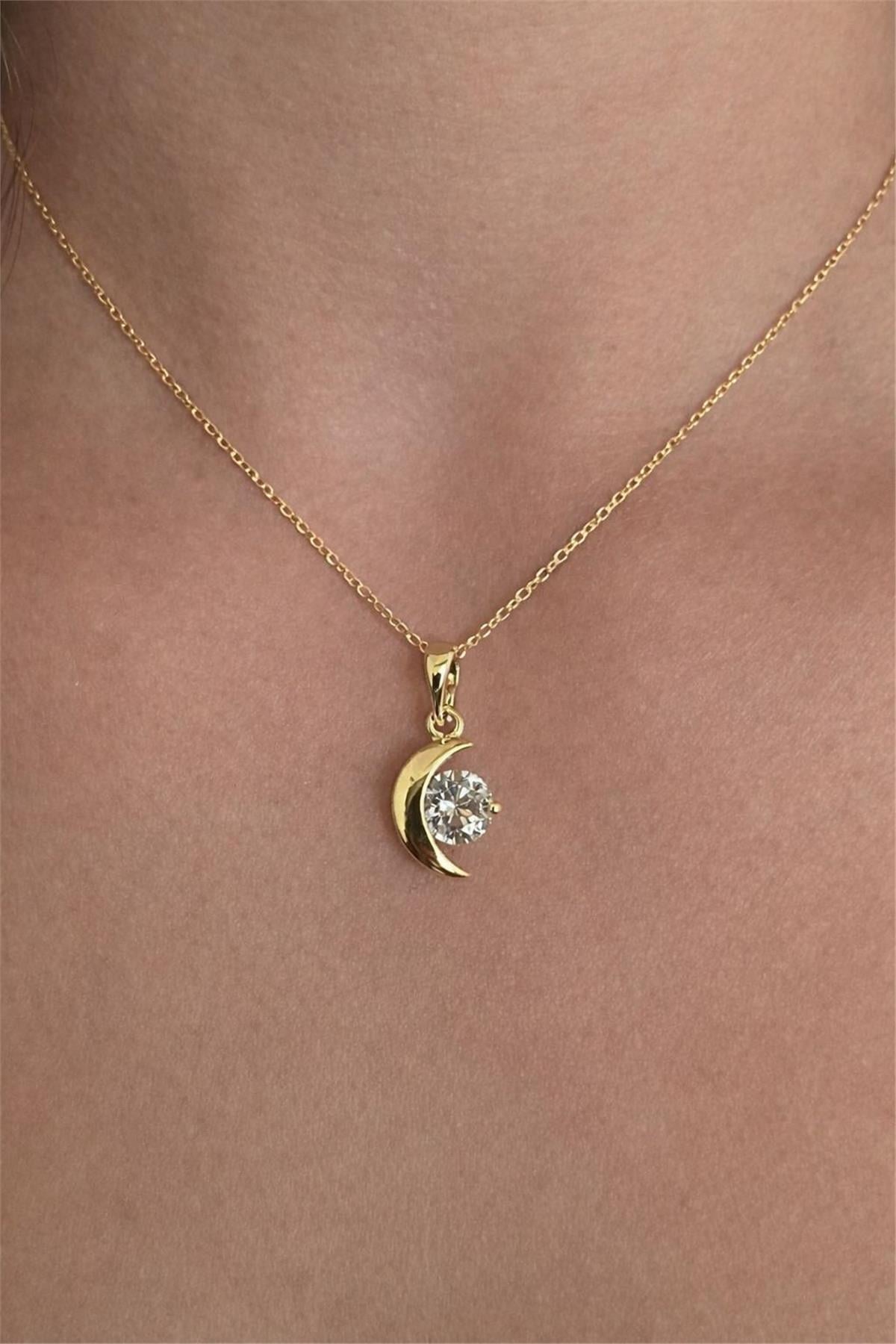 14 Ayar Altın Kaplama İtal Gold Zirkon Taş Küçük Ay Model Kolye Uçu