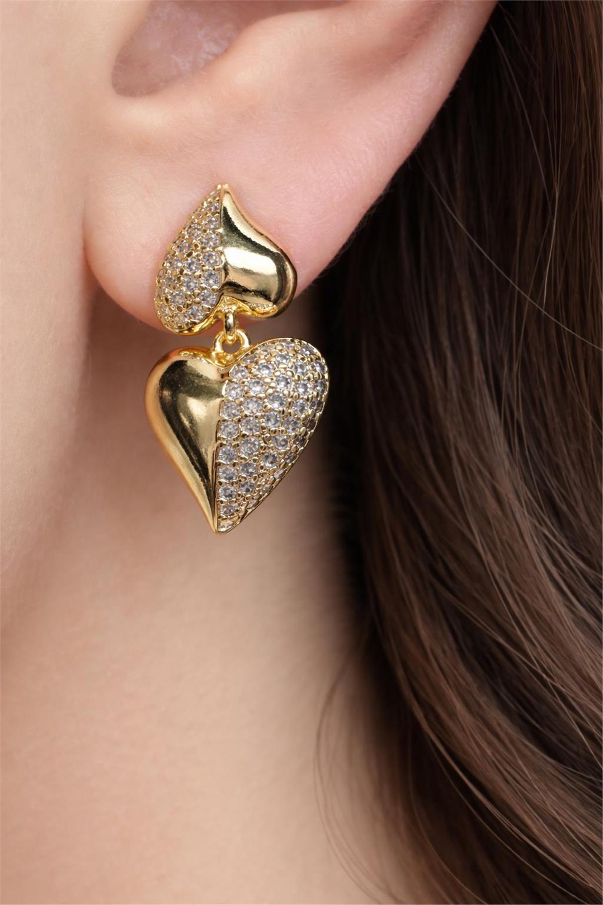 14   Ayar Gold Zirkon Taş  Kalp  Model Küpe 