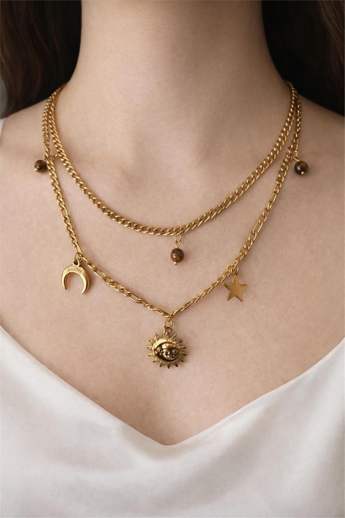 Çelik Gold 3 Lü Güneş Obje Li Bereket Kolyesi 
