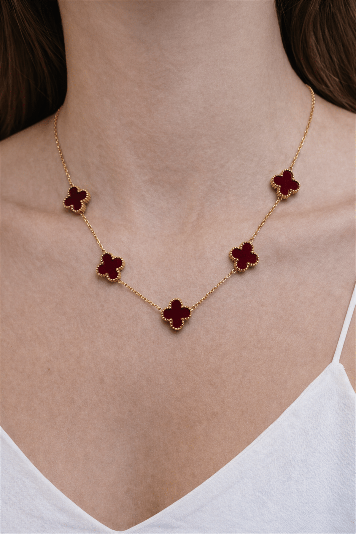 Çelik Gold Beşli Bordo Yonca Model Kolye
