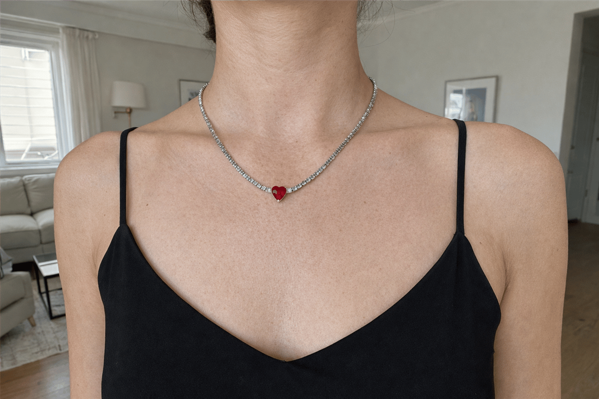 Çelik Gümüş Su Yolu Kırmısı Kalp Taş  Kolye 