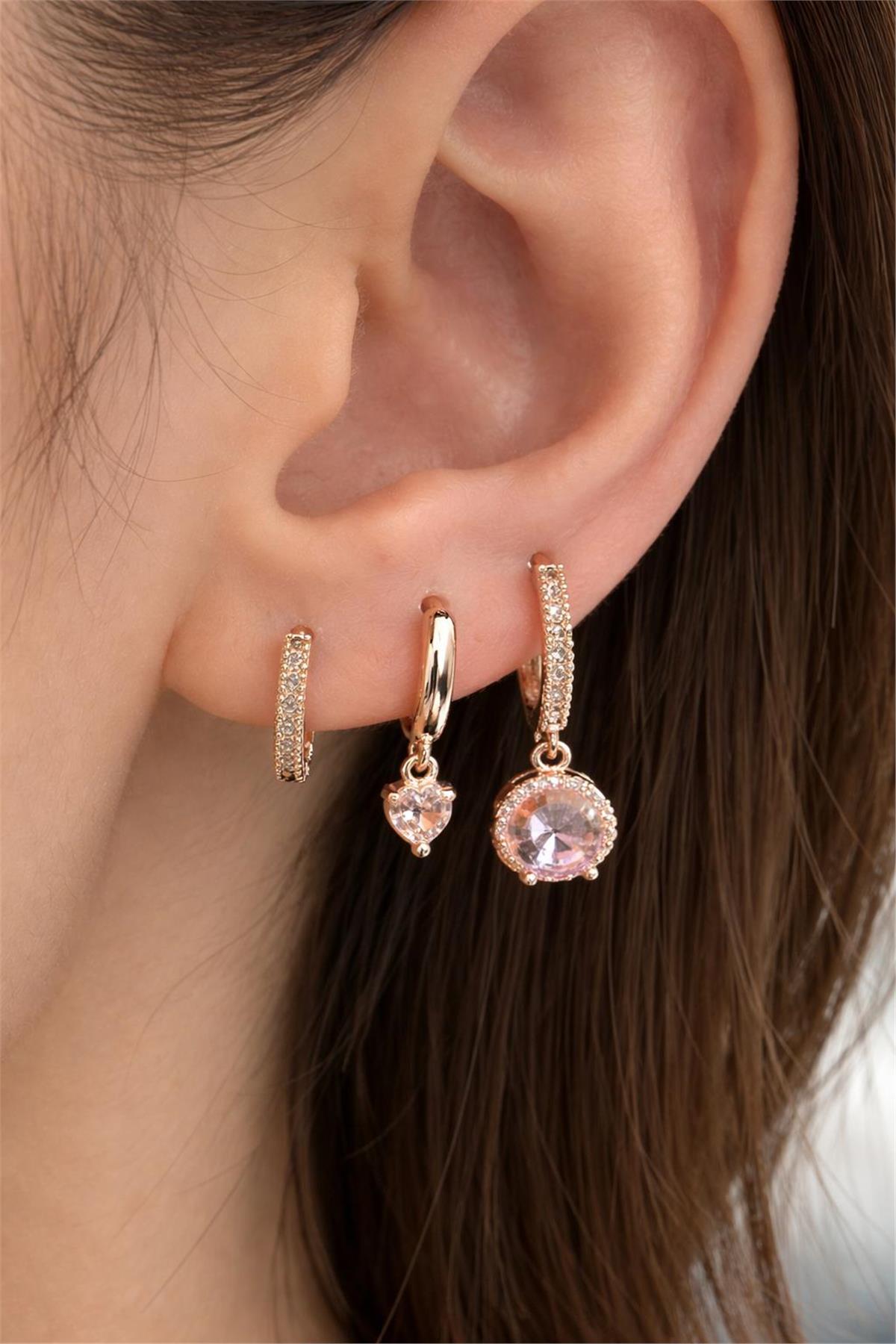 Gold Pembe Model 3 Lü Küpe 
