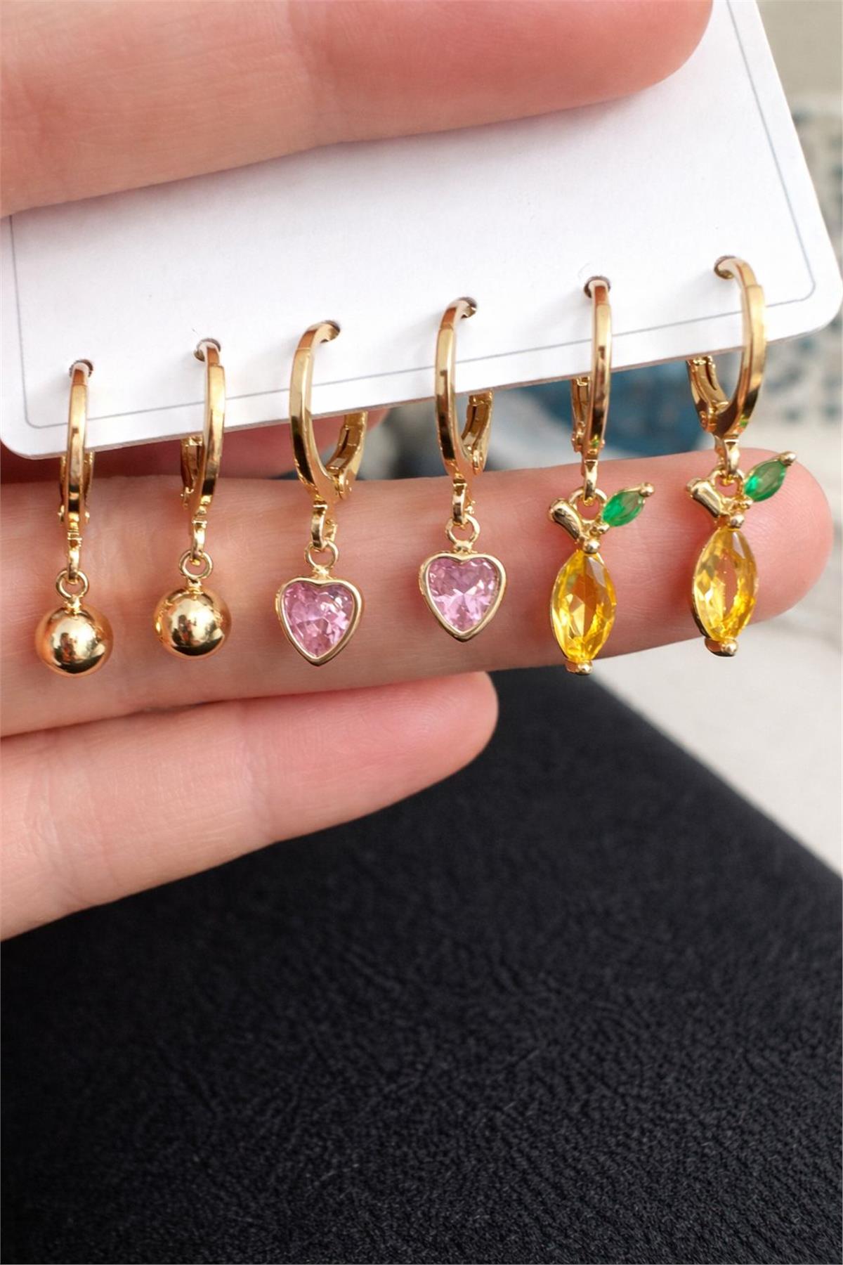 Gold  Sarı Pembe Taş 6 Lı Model Küpe 