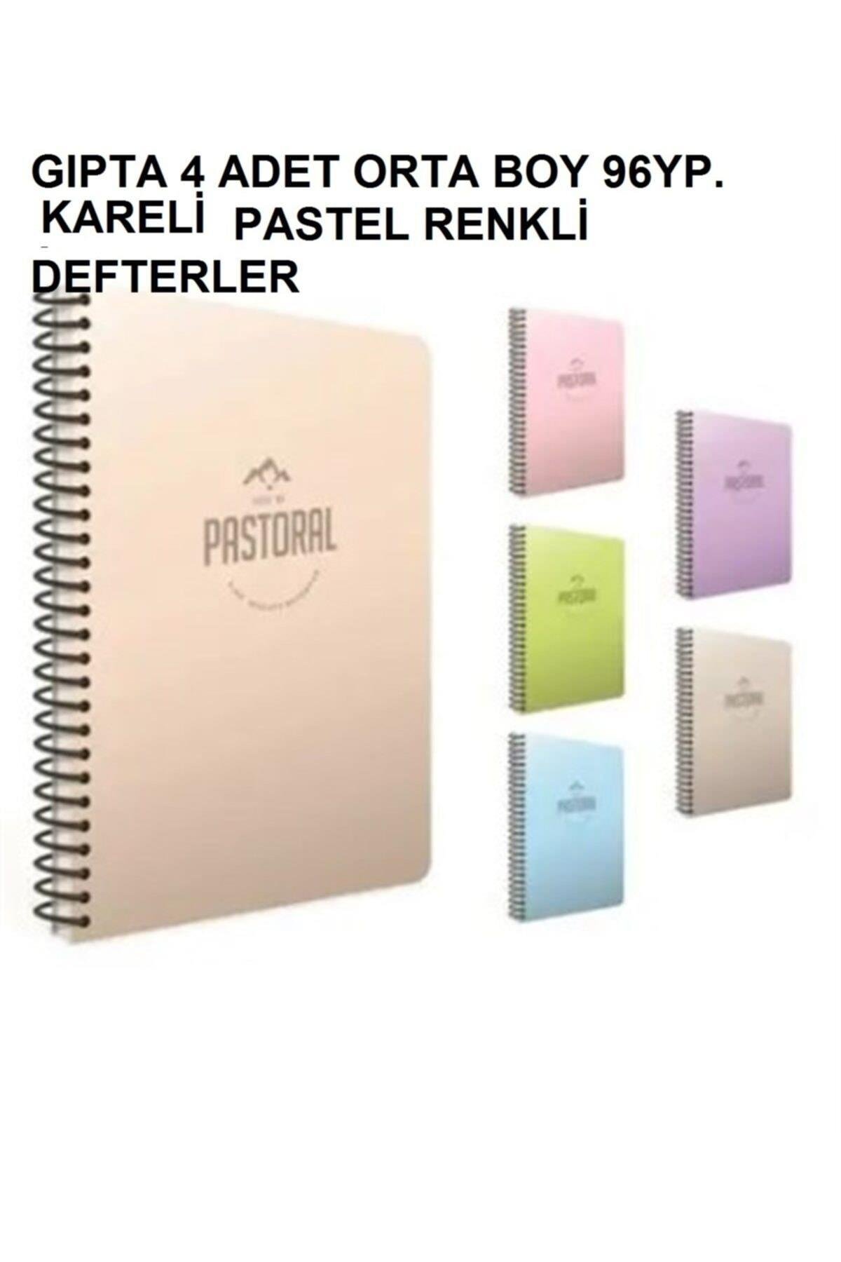 Pastoral Orta Boy 96yp. Kareli 4 Adet Pastel Renkli Defterler