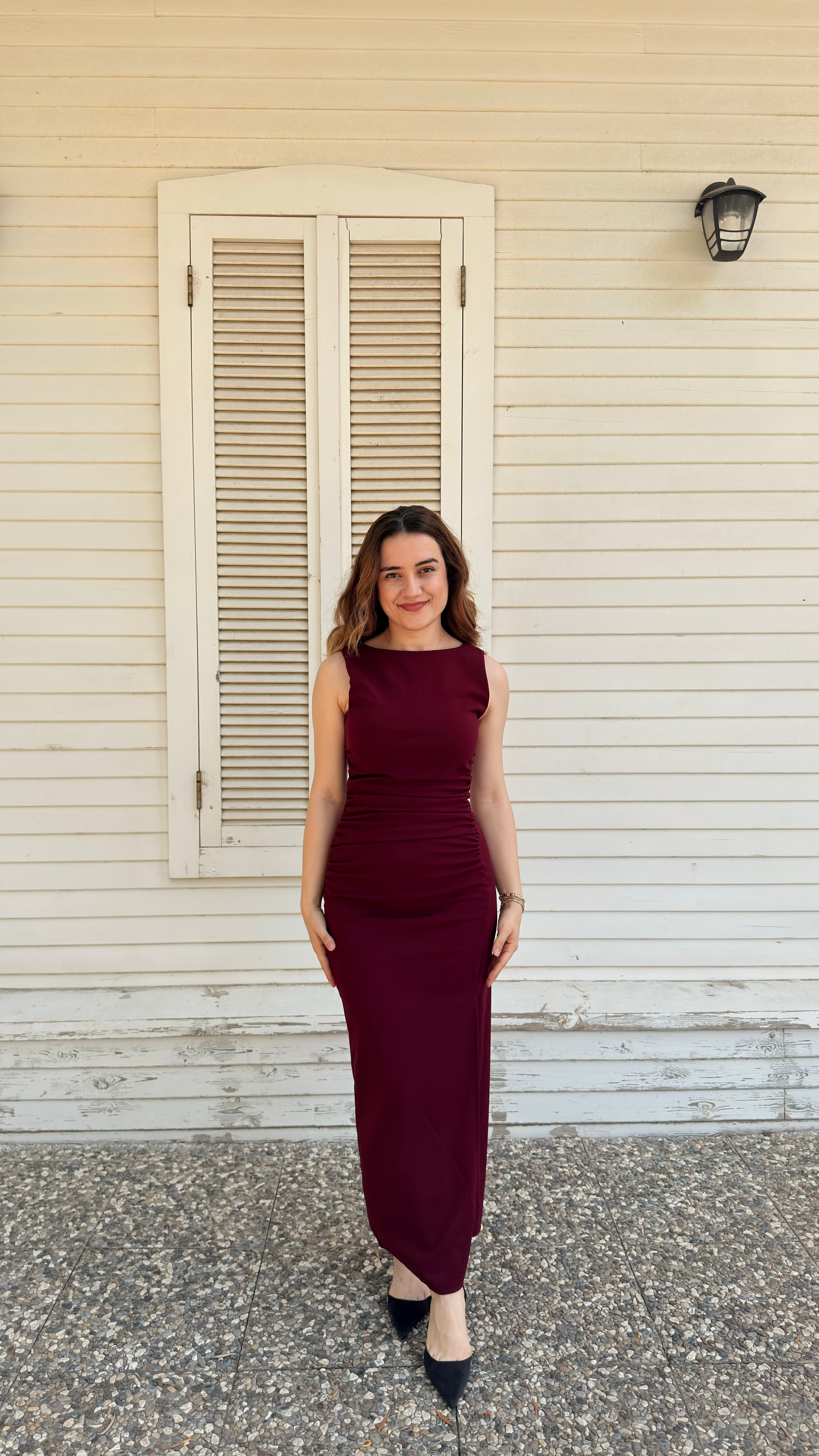 Drape Yırtmaçlı Elbise Bordo