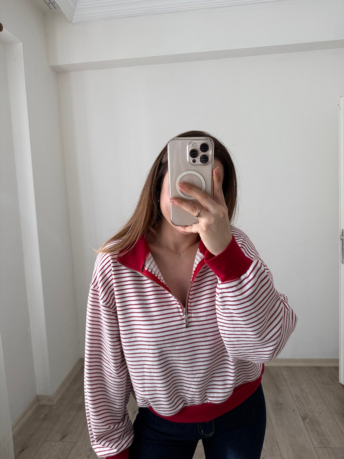 Fermuar Detay Çizgili Sweatshirt Kırmızı