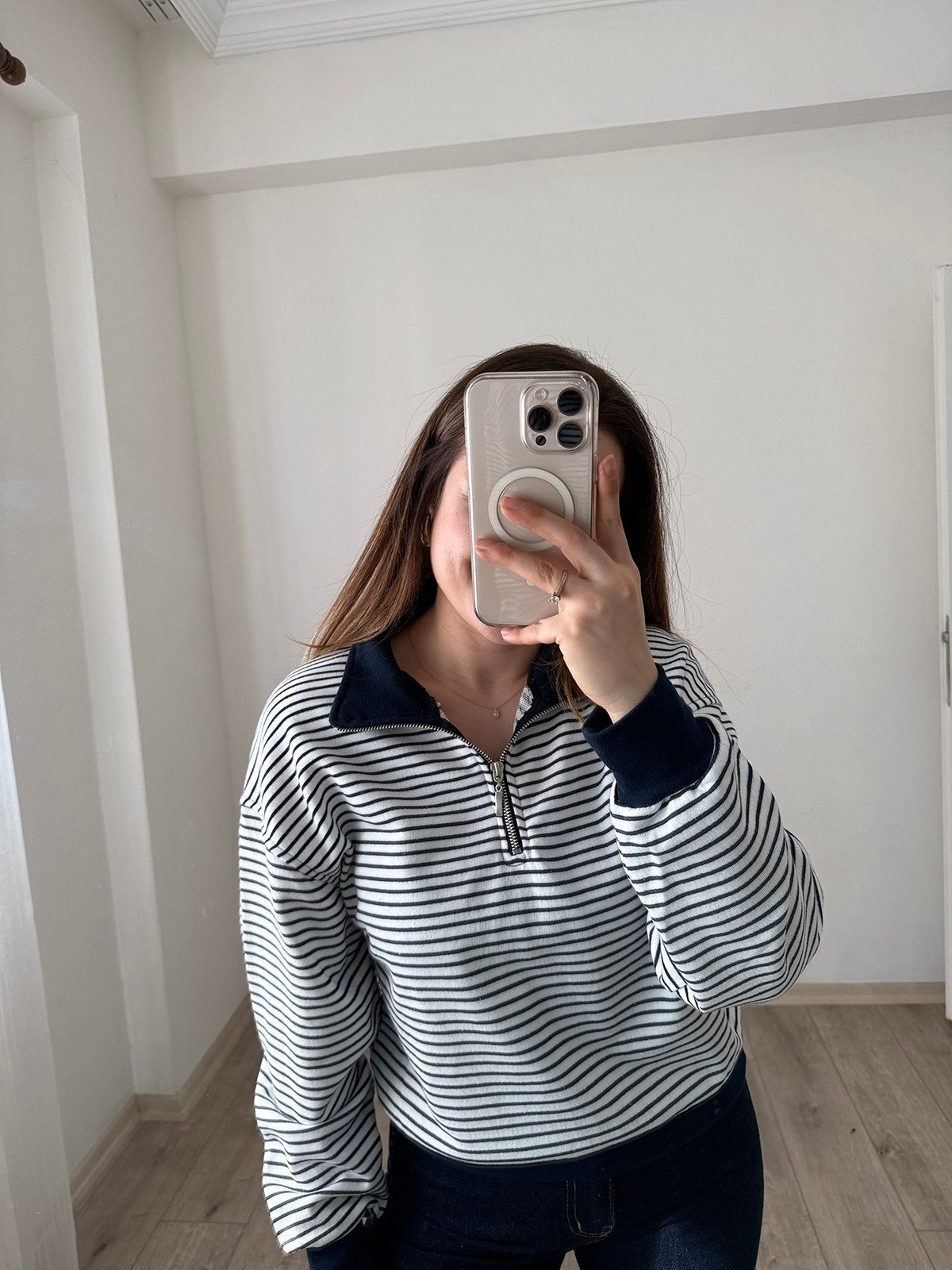 Fermuar Detay Çizgili Sweatshirt Lacivert