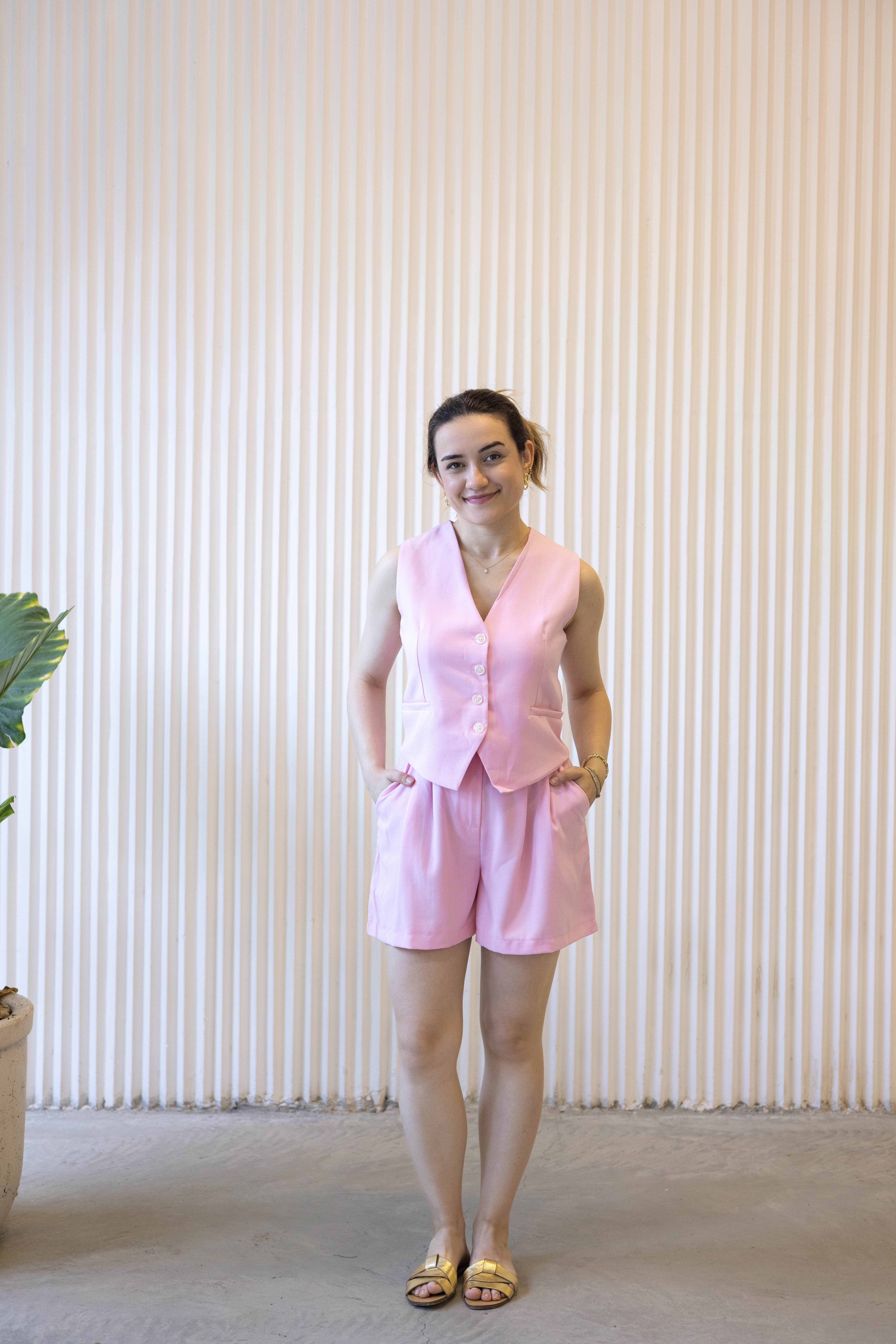 Yelekli Şortlu Takım Pembe